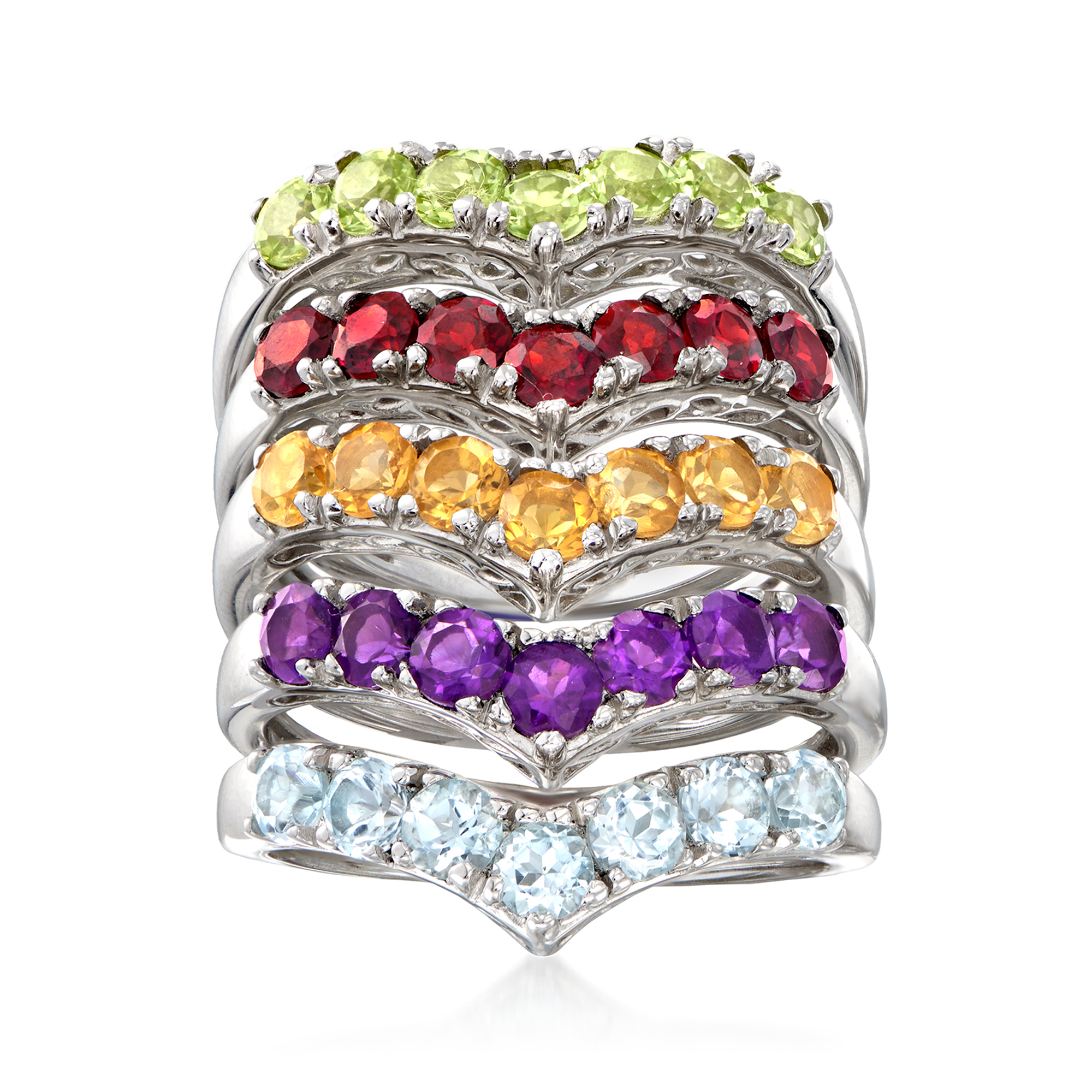 Ross-Simons 4.20 ct. t.w. Multi-Gemstone Jewelry Set: 5 Chevron Rings in Sterling Silver, Women's, Adult