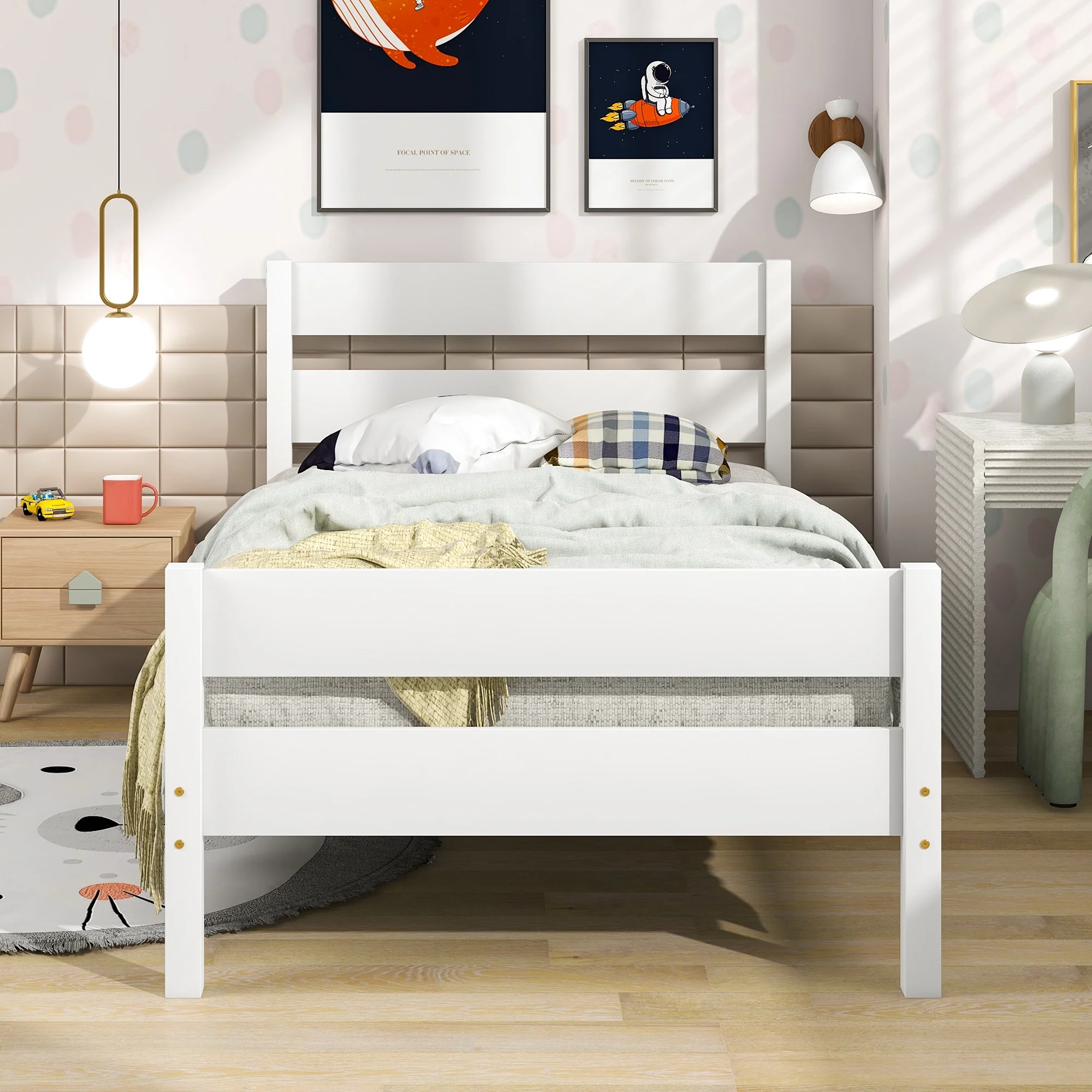 paproos Twin Wood Bed Frame, White Platform Mattress Foundation with Headboard & Footboard, Heavy Duty & Quick Assembly, Perfect for Kids/Teens/Adults