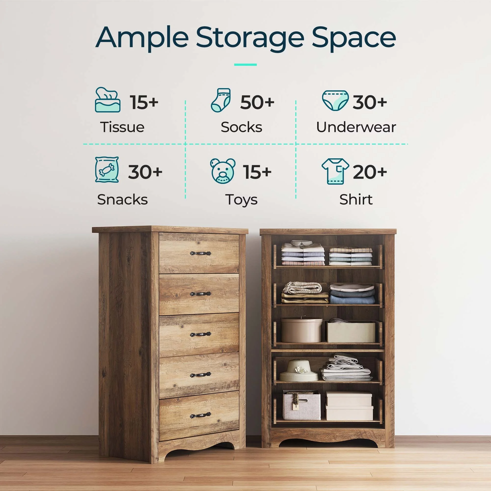 LINSY HOME Brown Dressers,Chest of 5 Drawers