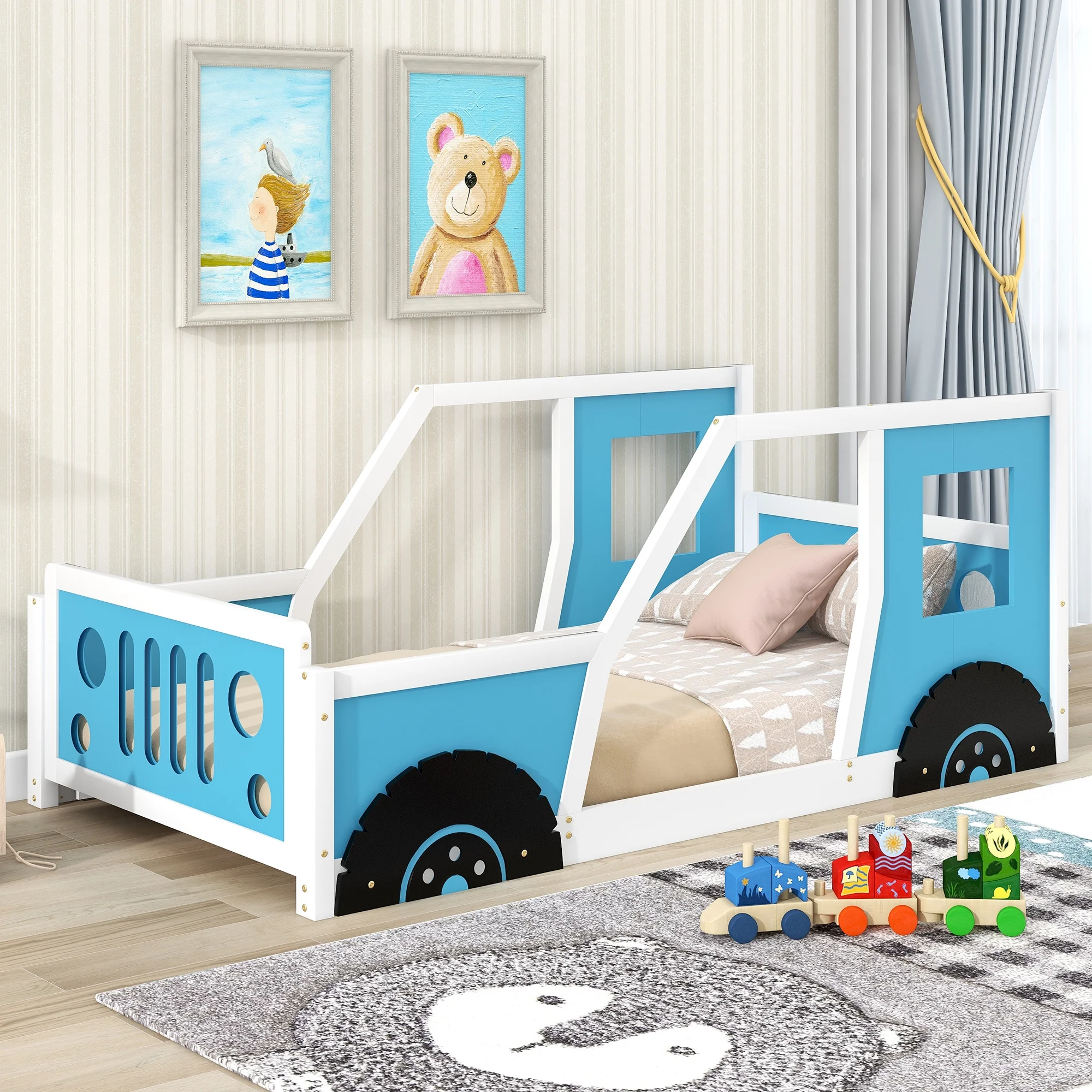 CoSoTower Twin Size Classic Car-Shaped Platform Bed with Wheels, Blue