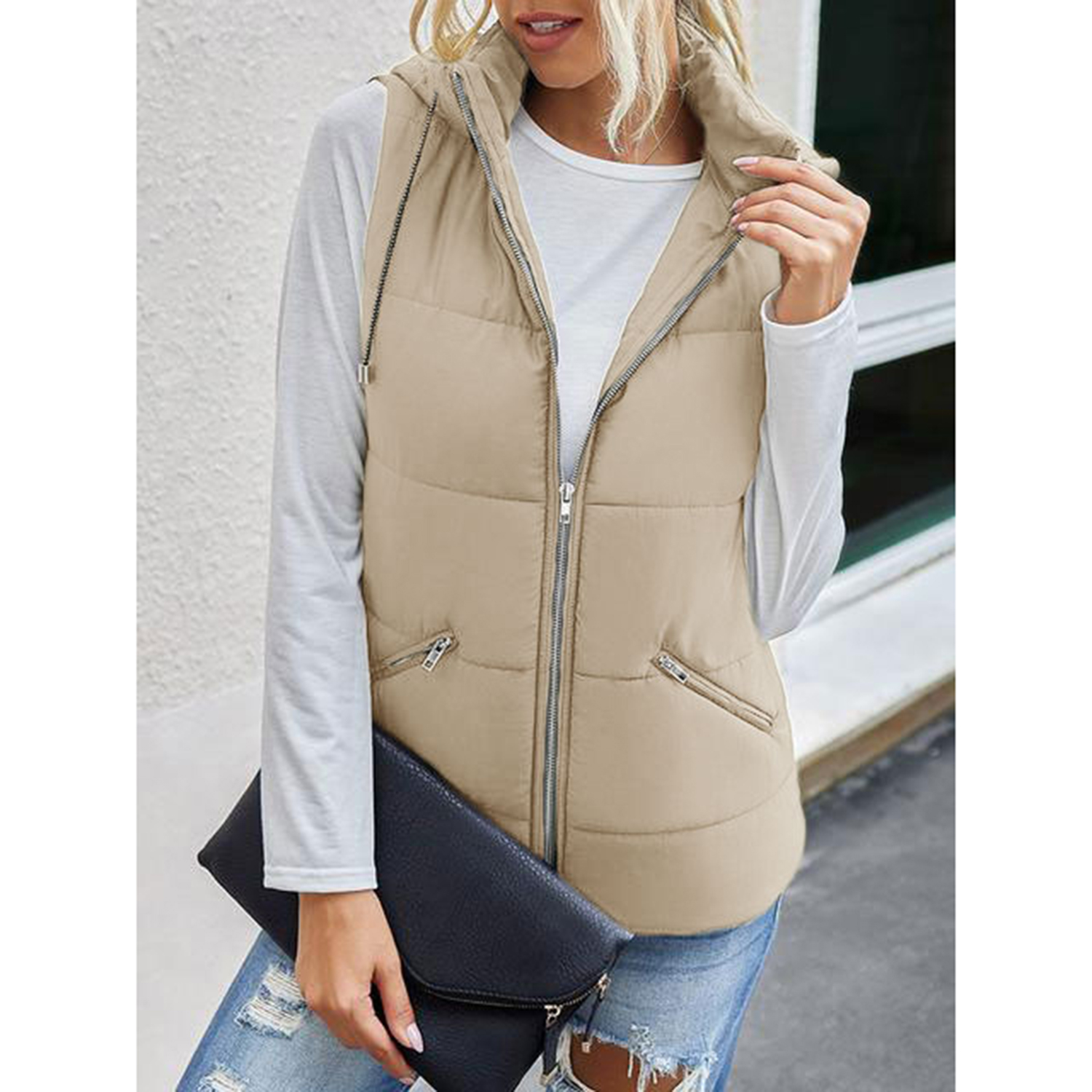 Mafulus Women's Lightweight Hooded Outwear Vest Stand Collar Zip Padded Sleeveless Coat With Pockets