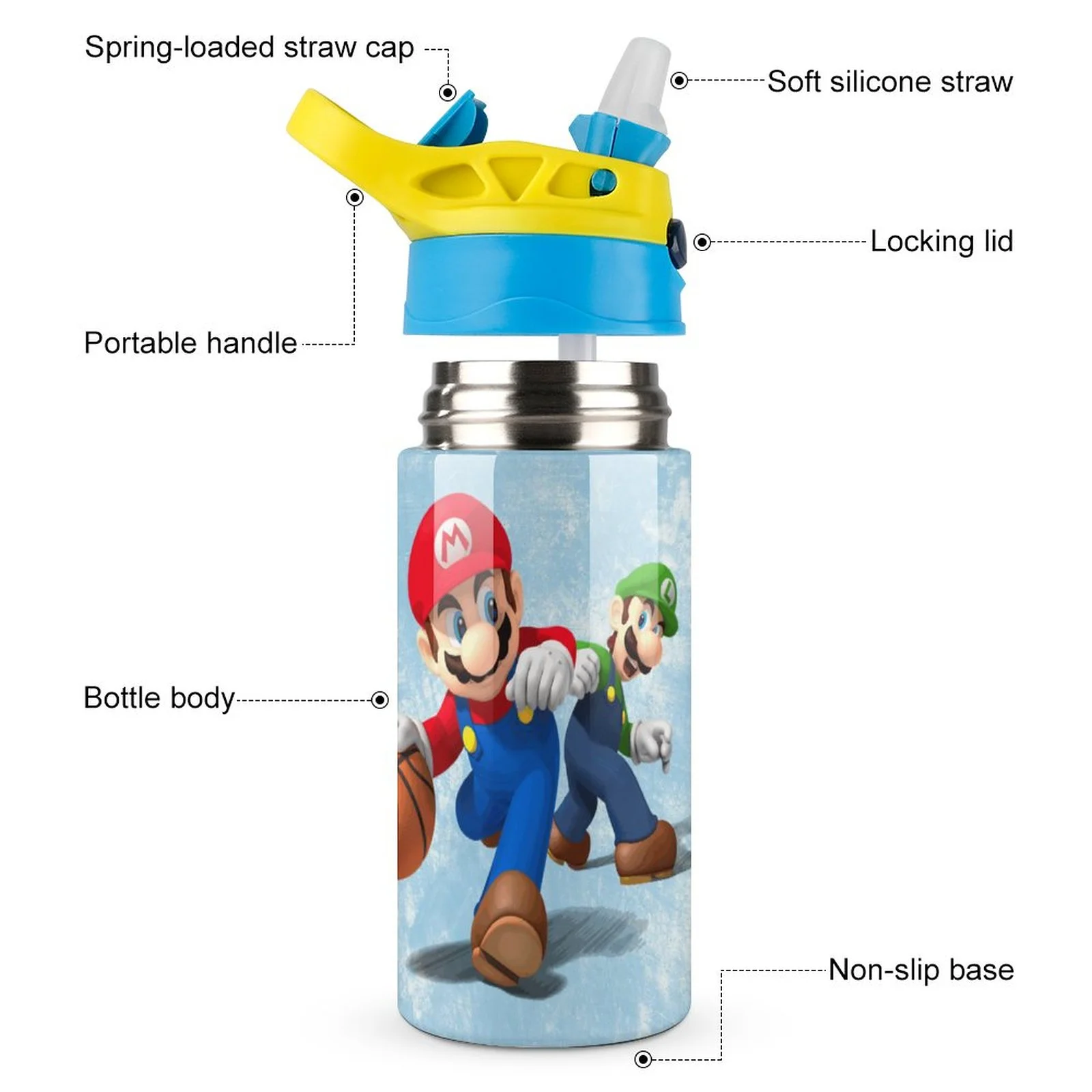 Luigi Mario Kid's Insulated Water Bottle With Straw Vacuum Stainless Steel Cup Leak-Proof Children Toddler Thermoses