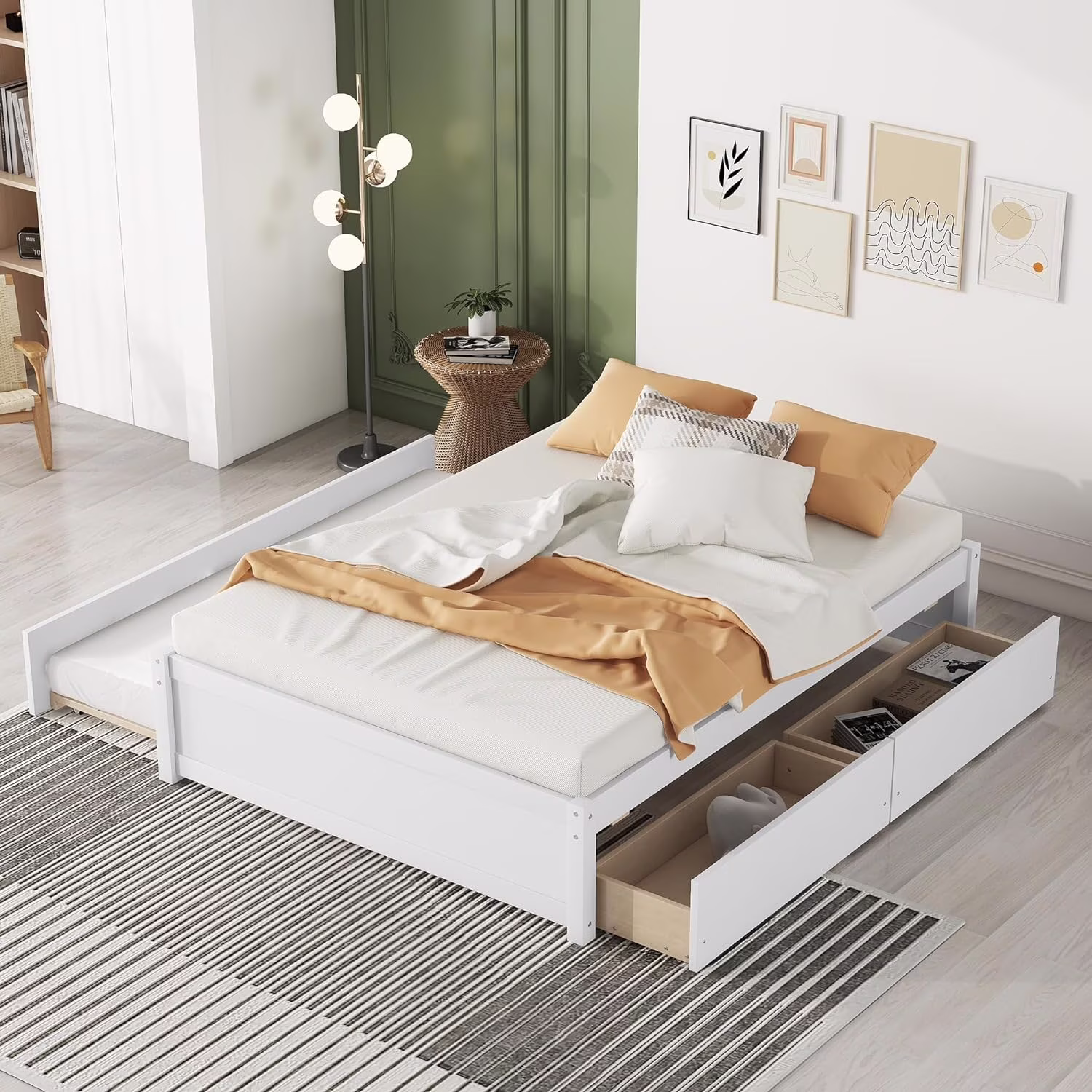 White Full Size Bed With Trudle Ad 2 Storage Drawers, Wood Full Platform Bed Frame For Boys, Girls, Kids, Tees Ad Adults