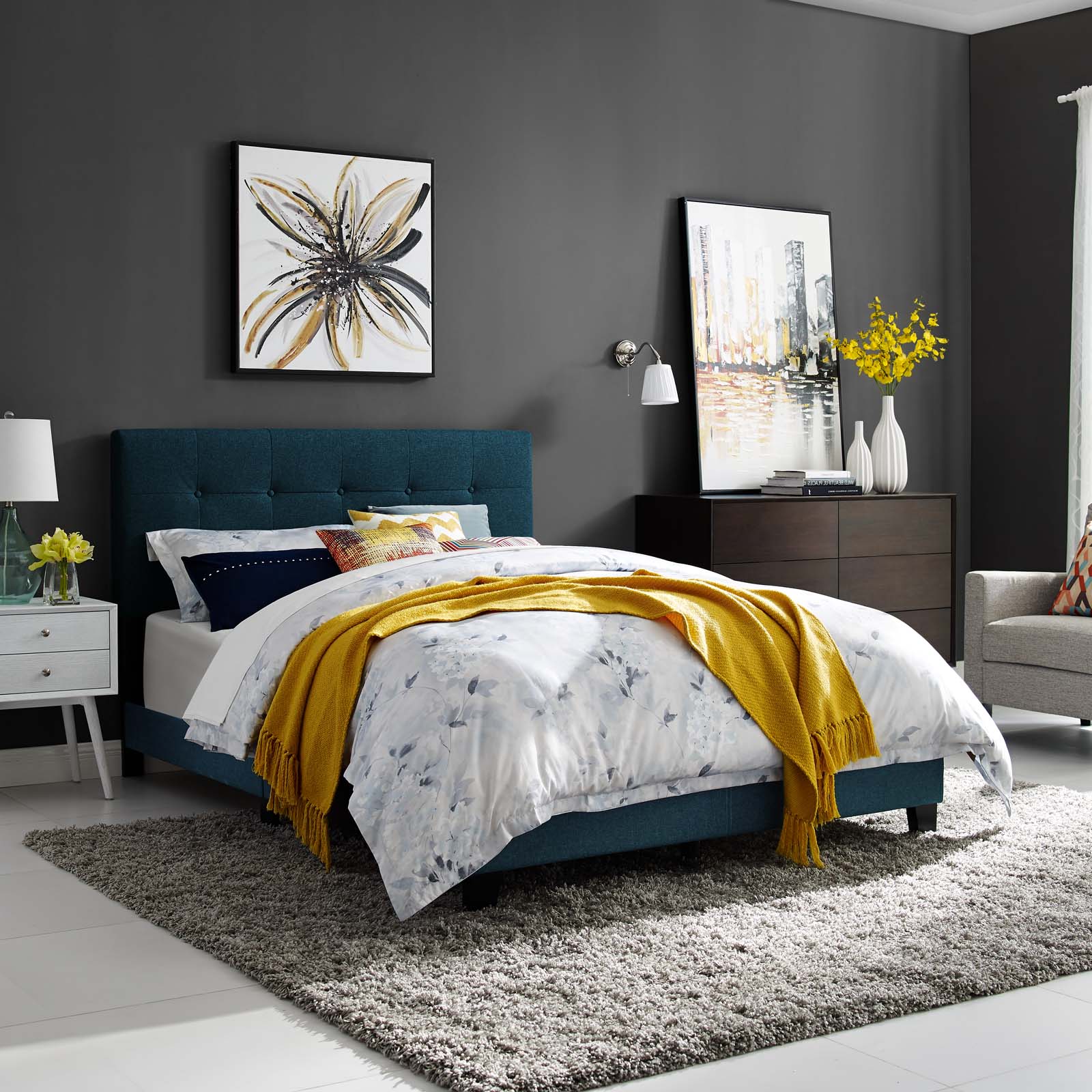 Contemporary Modern Urban Designer Bedroom Twin Size Bed Frame, Fabric, Navy Blue, Box Spring Required