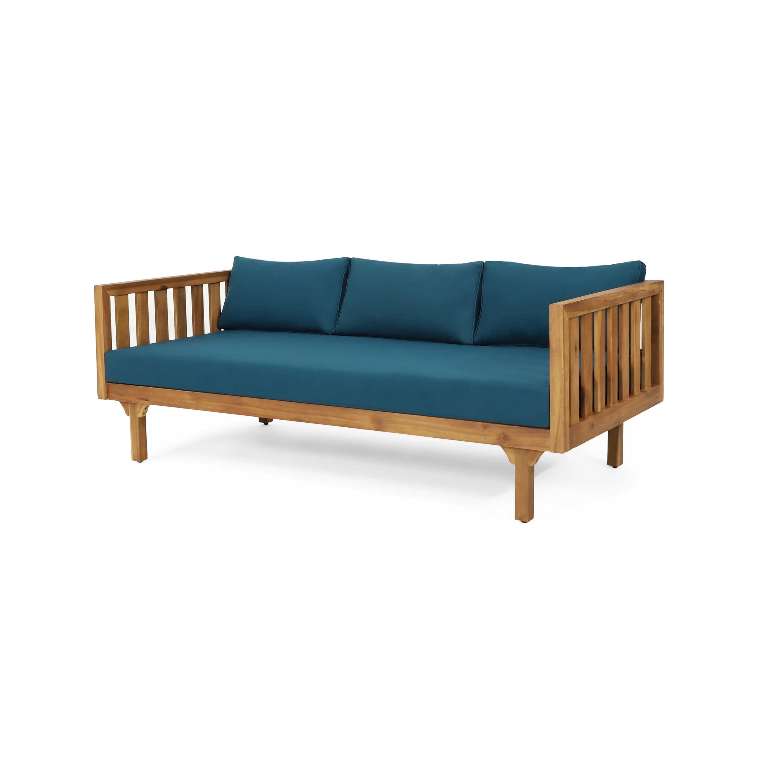 GDF Studio Bordeaux Outdoor Acacia Wood 3 Seater Daybed with Cushions, Teak and Dark Teal
