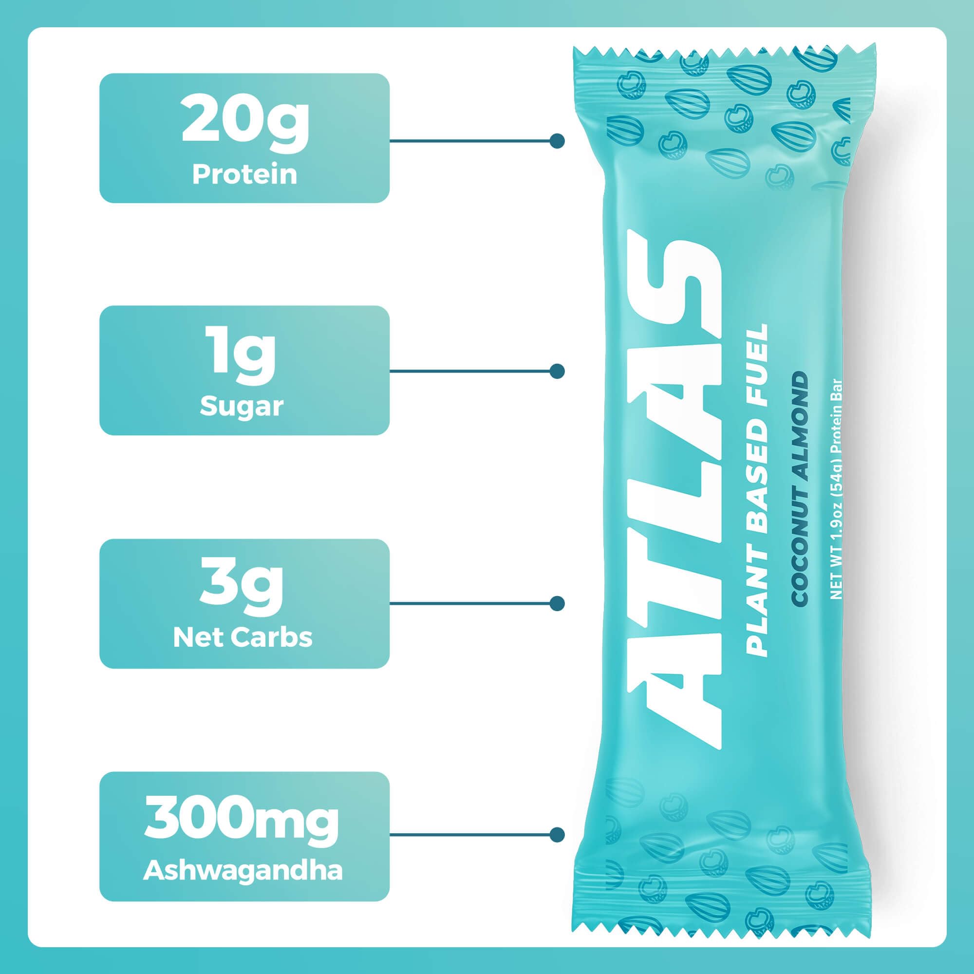Atlas Protein Bar, 20g Plant Protein, 1g Sugar, Clean Ingredients, Gluten Free Coconut Almond, 12 Count (Pack of 3))