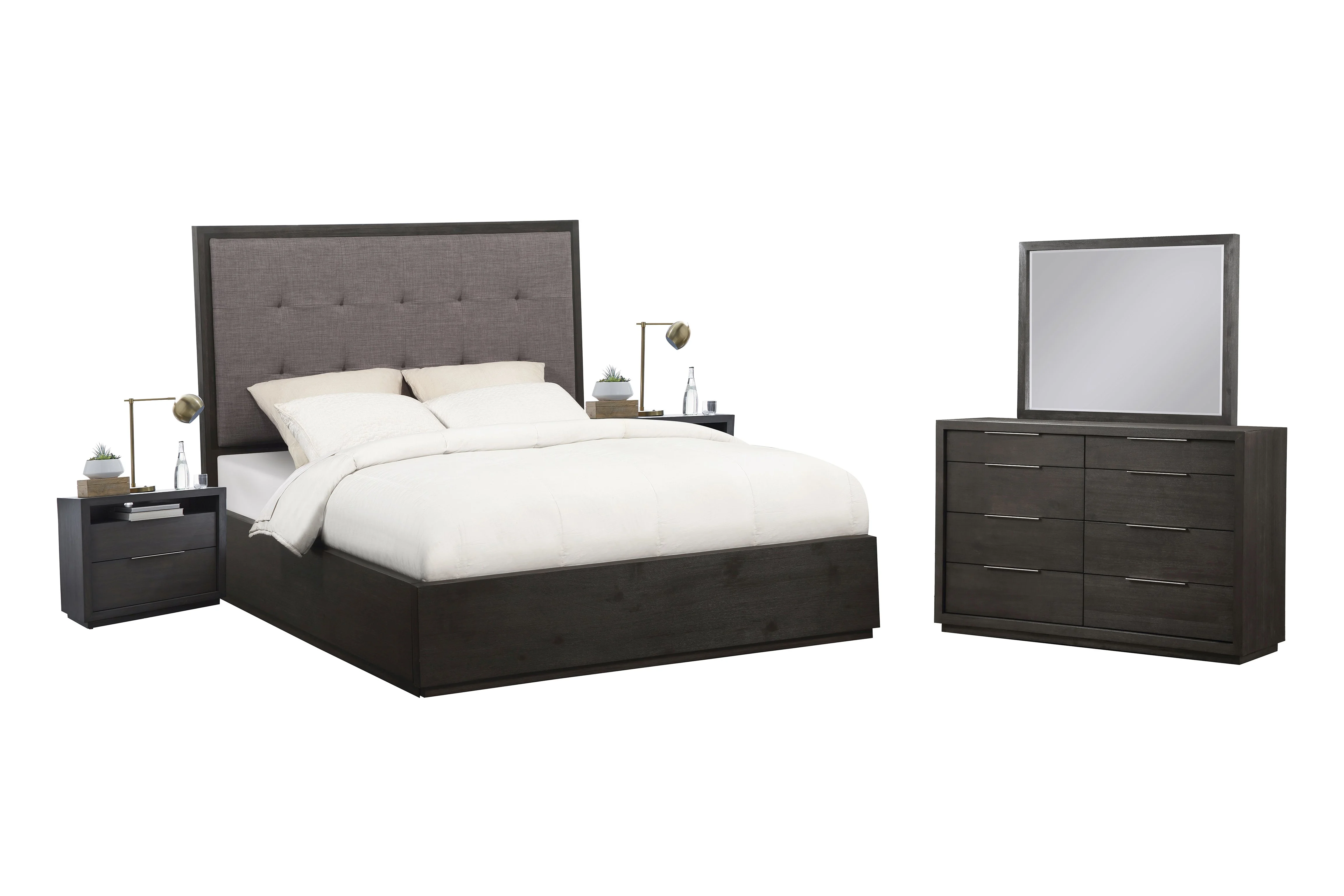 Outbound 5PC Full Storage Bed, 2 Nightstand, Dresser & Mirror Set in Weathered Grey