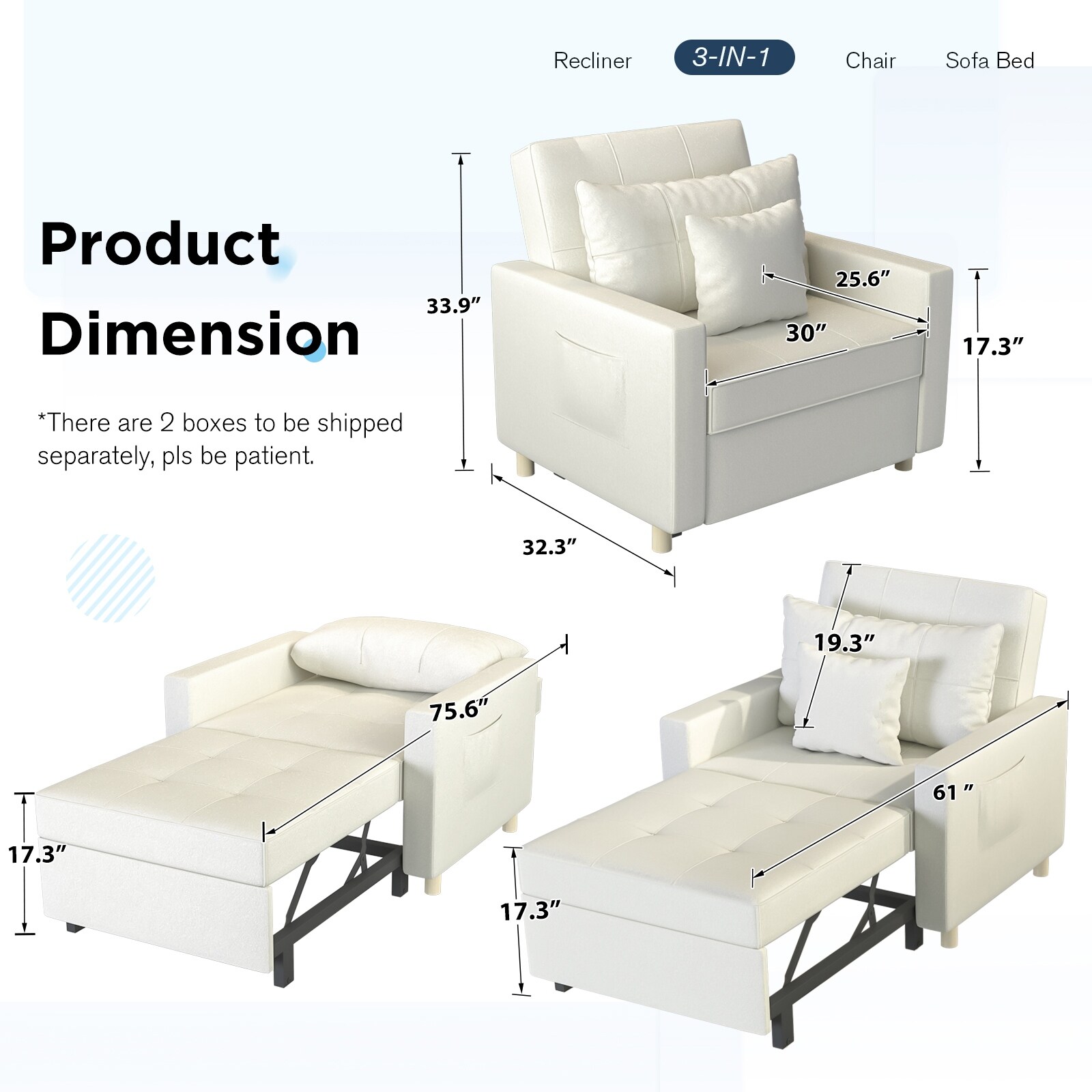 AECOJOY Sleeper Chair Bed 3-in-1 Convertible Multi-Functional Sofa Bed White