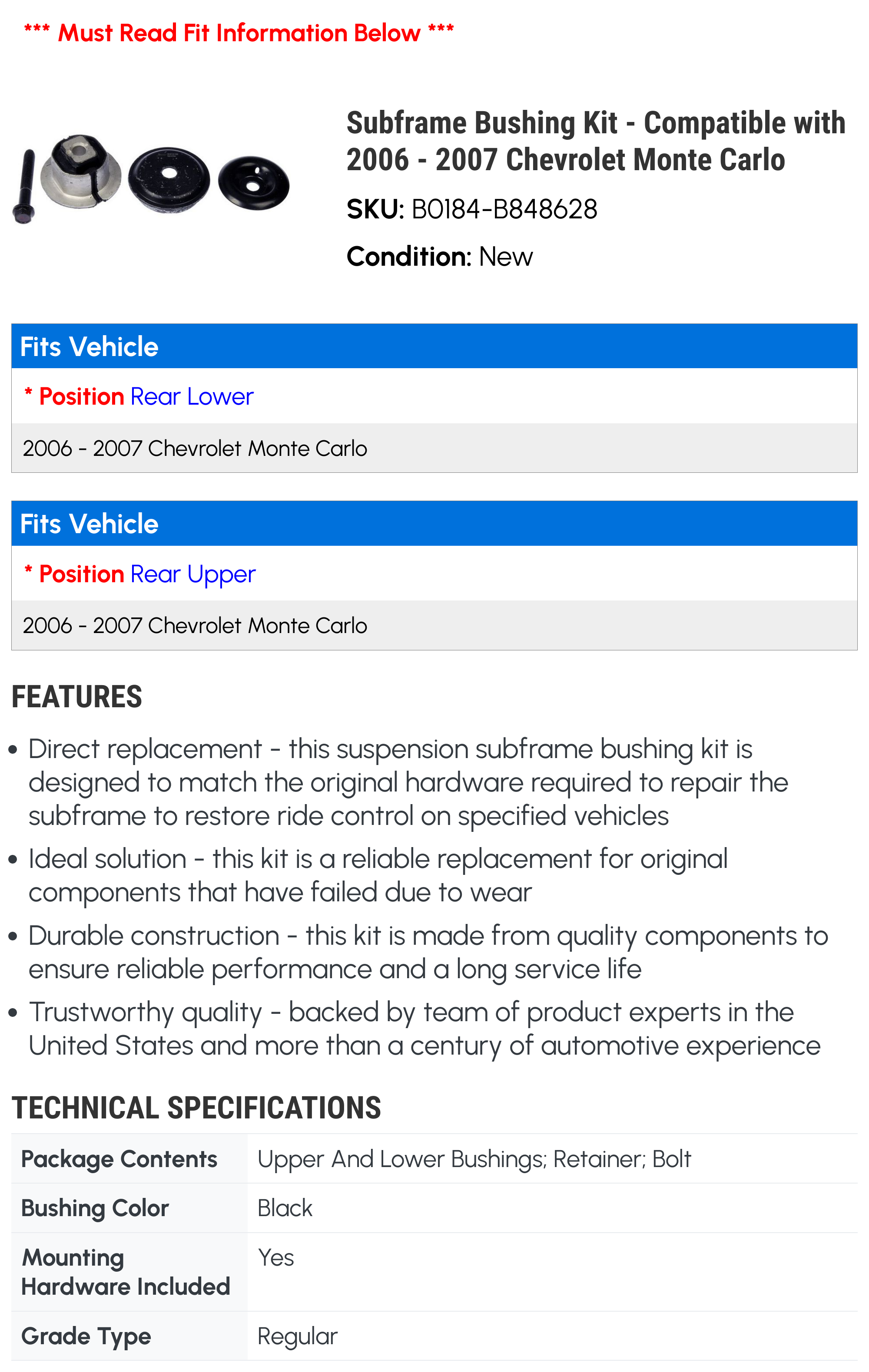 Subframe Bushing Kit - Compatible with 2006 - 2007 Chevy Monte Carlo