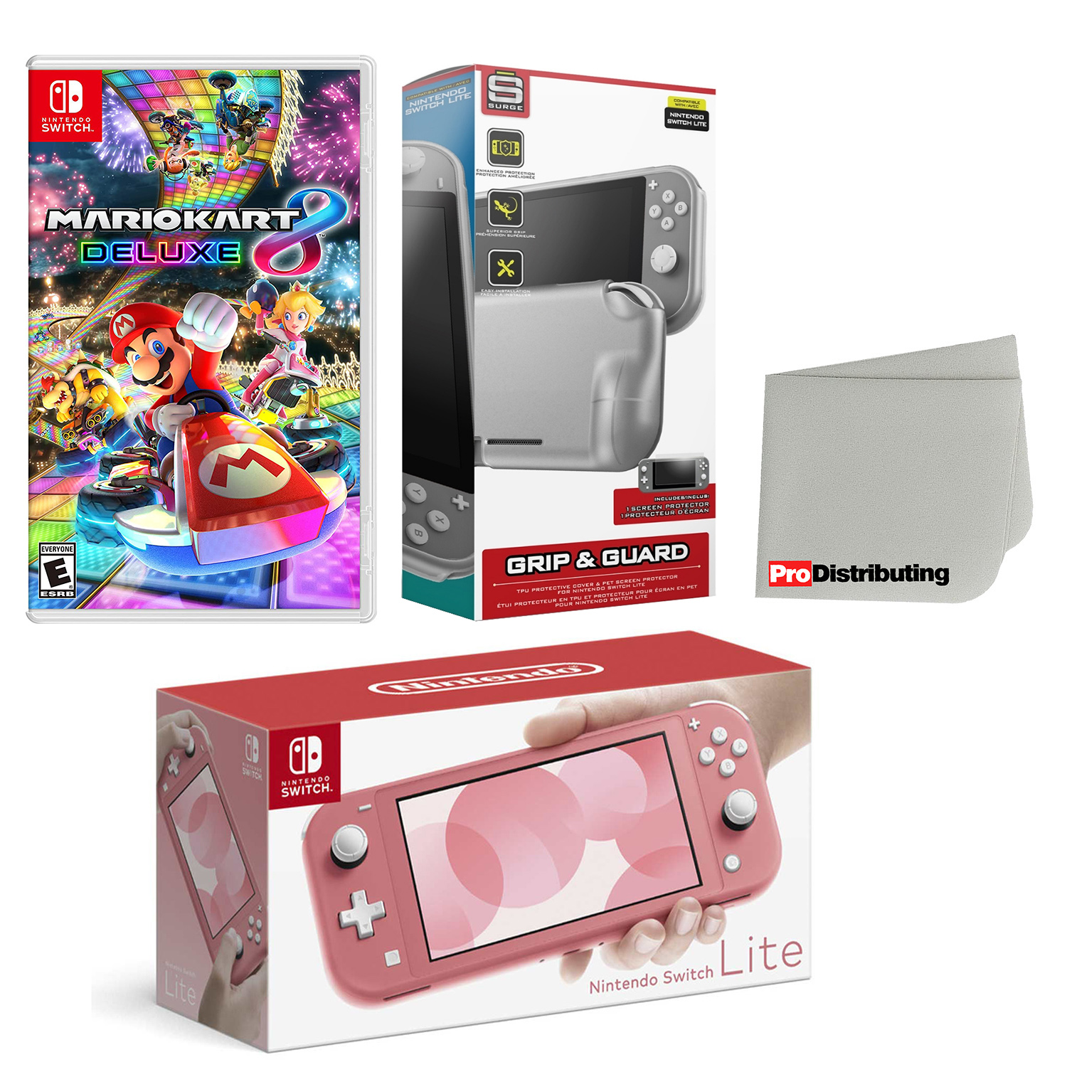 Nintendo Switch Lite Console Coral with Mario Kart 8 Deluxe, Protective Case, Screen Protector and Screen Cleaning Cloth Bundle - Import with US Plug