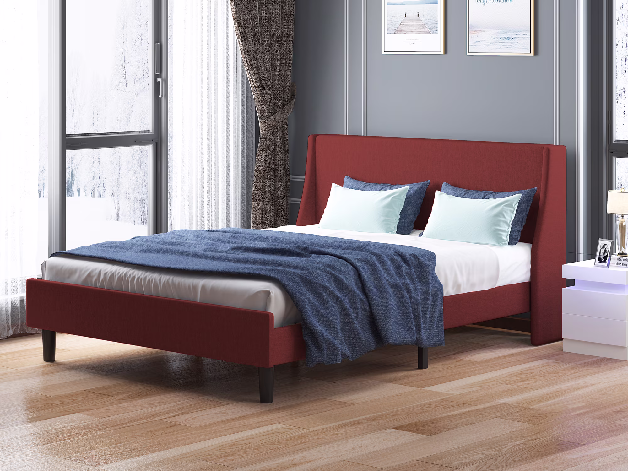ijuicy King Size Bed Frame, Modern Bed Frame with Linen Upholstered Headboard & Wide Wingback, Wooden Slat Support, No Box Spring Needed -  Burgundy