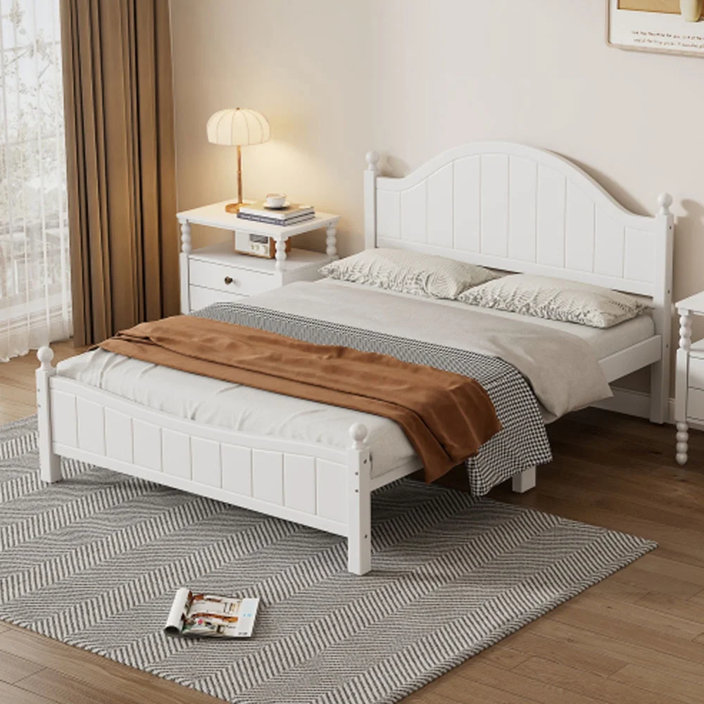 Traditional Concise Style White Solid Wood Platform Bed, No Need Box Spring, Full