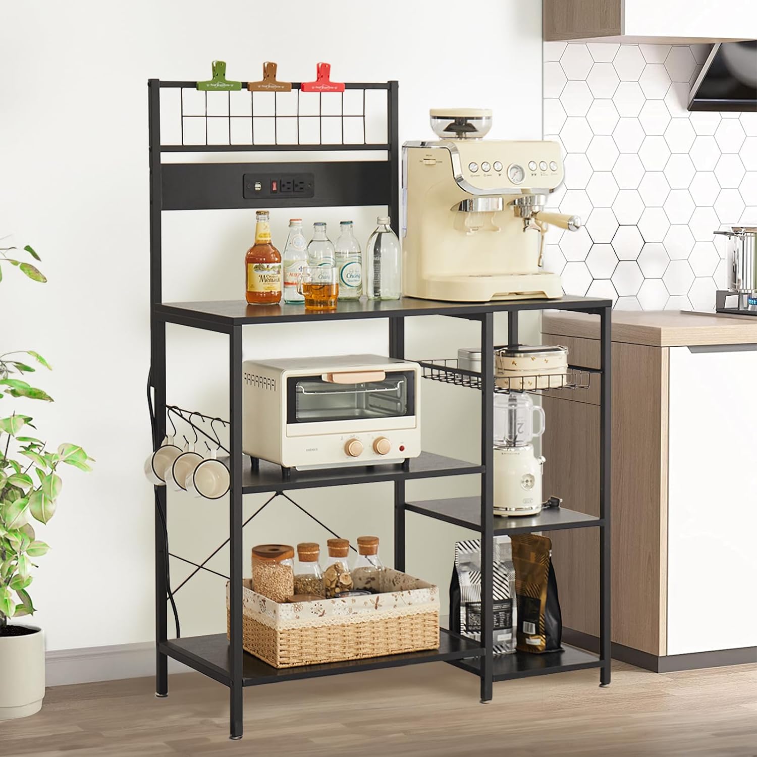 FJU Kitchen Bakers Rack with Power Outlet, Microwave Stand, Kitchen Storage Rack with Wire Basket, 6 Hooks, Kitchen Shelves for Spices, Pots, and Pans, Black