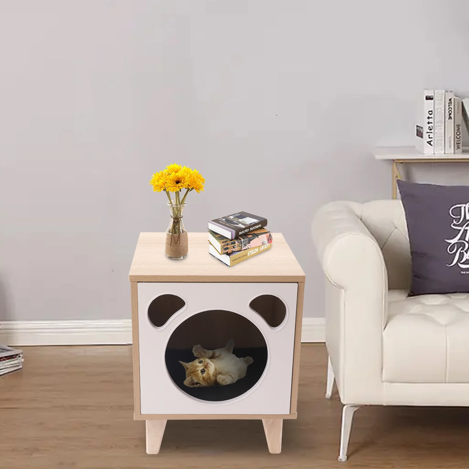 Wuzstar Cat House Nightstand Indoor Cat House Side Table with Hole Nightstand Pet House Cat Litter Box Enclosure Furniture