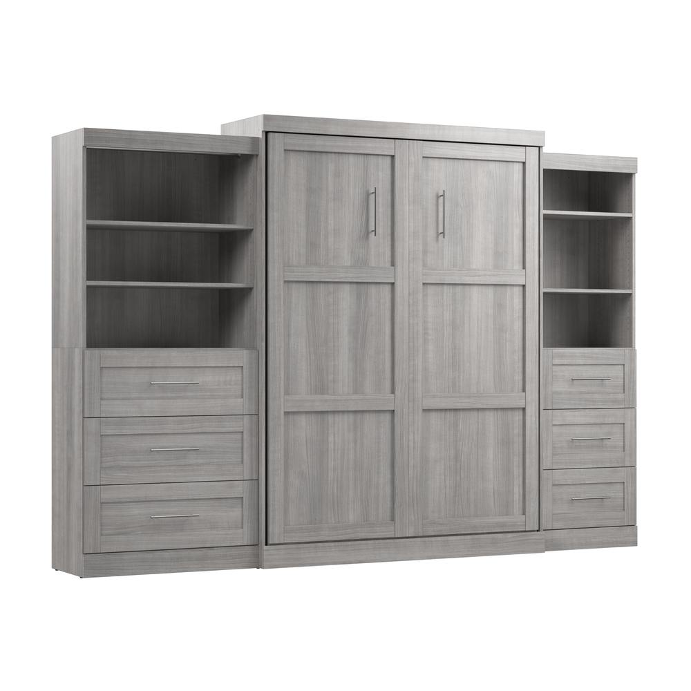 Bestar Pur Queen Murphy Bed and 2 Shelving Units with Drawers (126W) in Platinum Gray