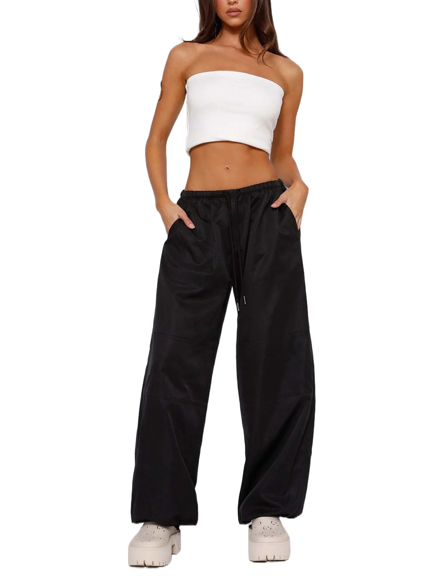 Genuiskids Women Baggy Cargo Pants Solid Color Vintage Casual Elastic Drawstring Joggers Trousers for Streetwear