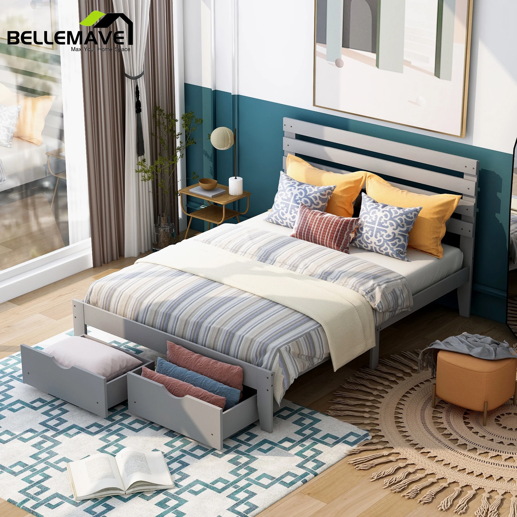 Bellemave Gray Full Size Platform Bed with 2 Drawers for Bedroom Living Room, Full Size Wood Storage Platform Bed for Bedroom for Kids Child Teen Adult