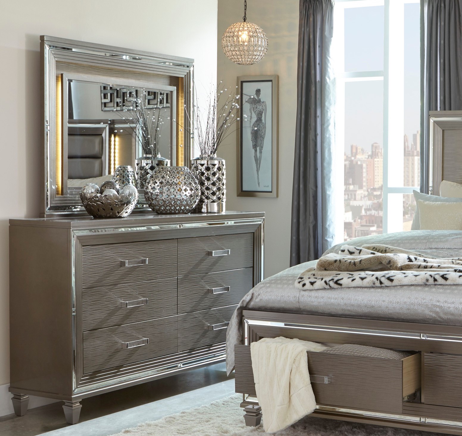 Glamorous Silver-Gray Metallic Finish Bedroom 4pc set Queen Size Platform Bed with Footboard Storage LED Headboard