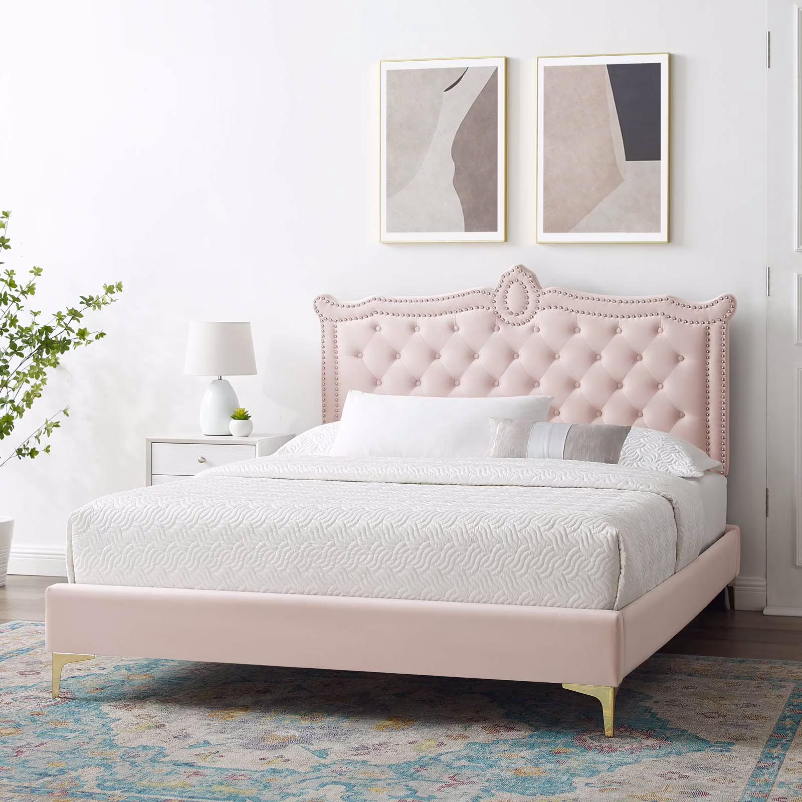 Modway Clara Performance Velvet Queen Platform Bed in Pink
