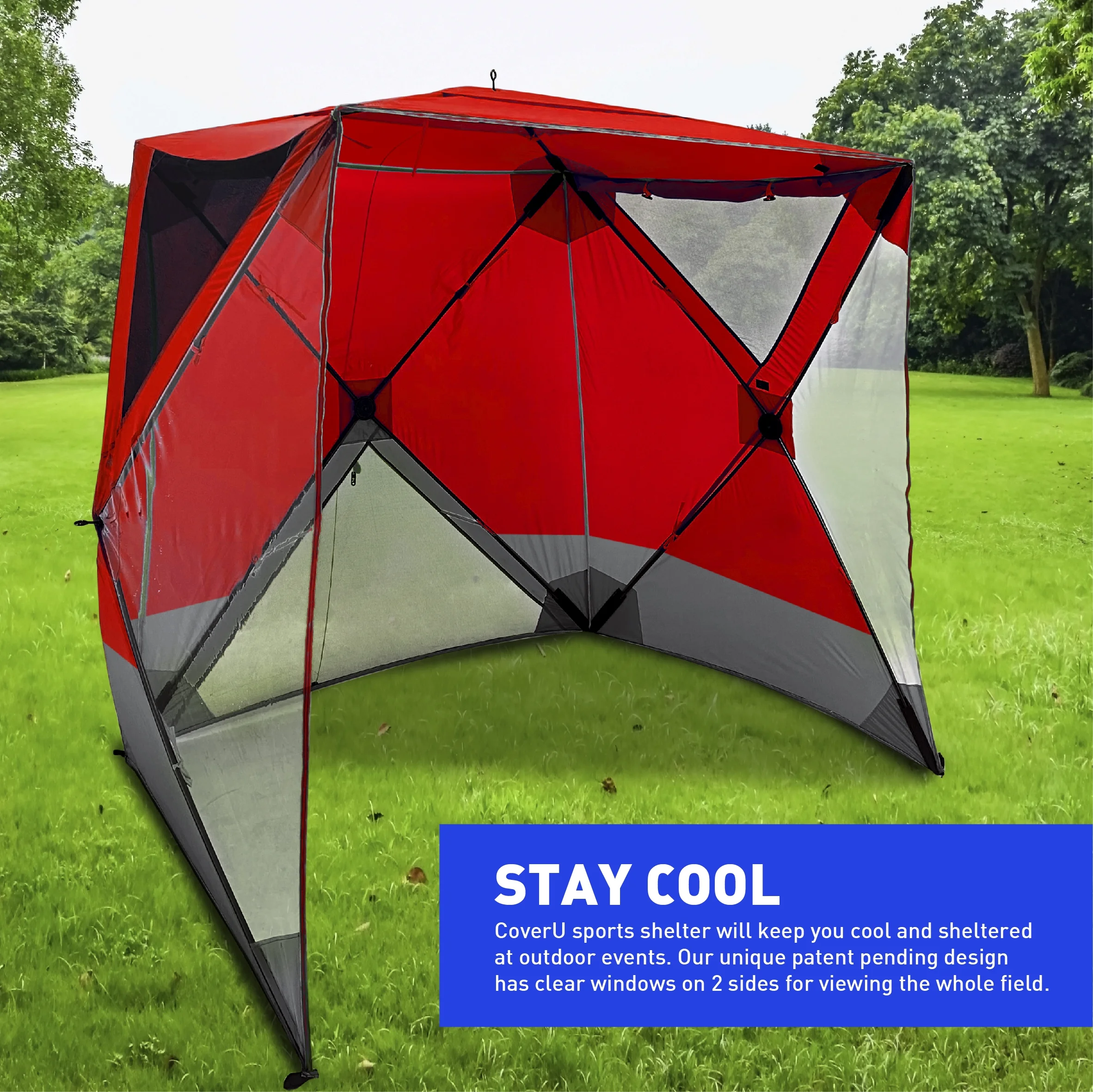 CoverU Sports Tent Pod SUN Protection – Pop Up 2 Person Hot Climate Canopy Shelter – Patent Pending - RED