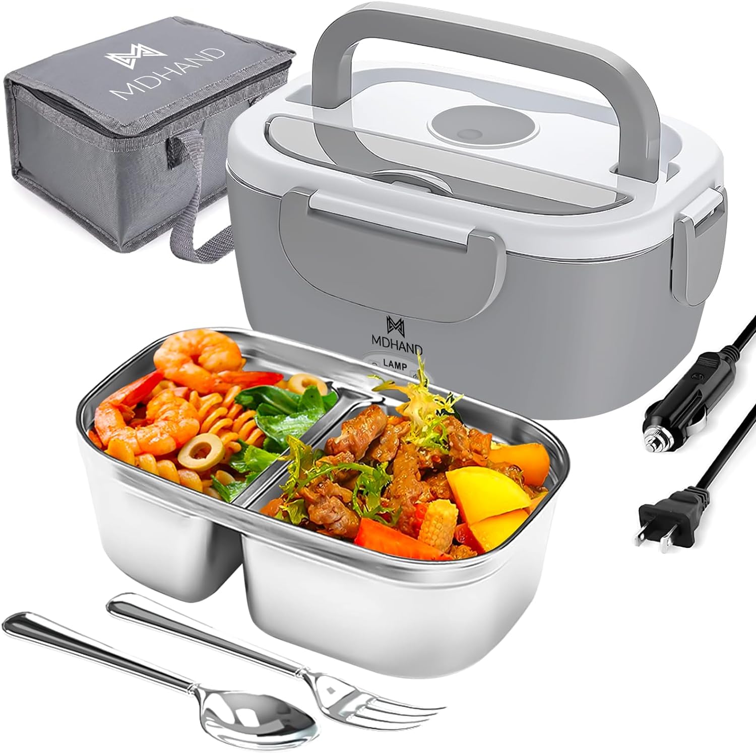 MDHAND Electric Lunch Box Food Heater, 65W Faster Heated Lunch Box, Food Warmer Lunch Box 110V/12V/24V Self Heating Lunch Box for Work/Car/Outdoors, Portable Heated Lunch Box for Adult with Lunch Bag