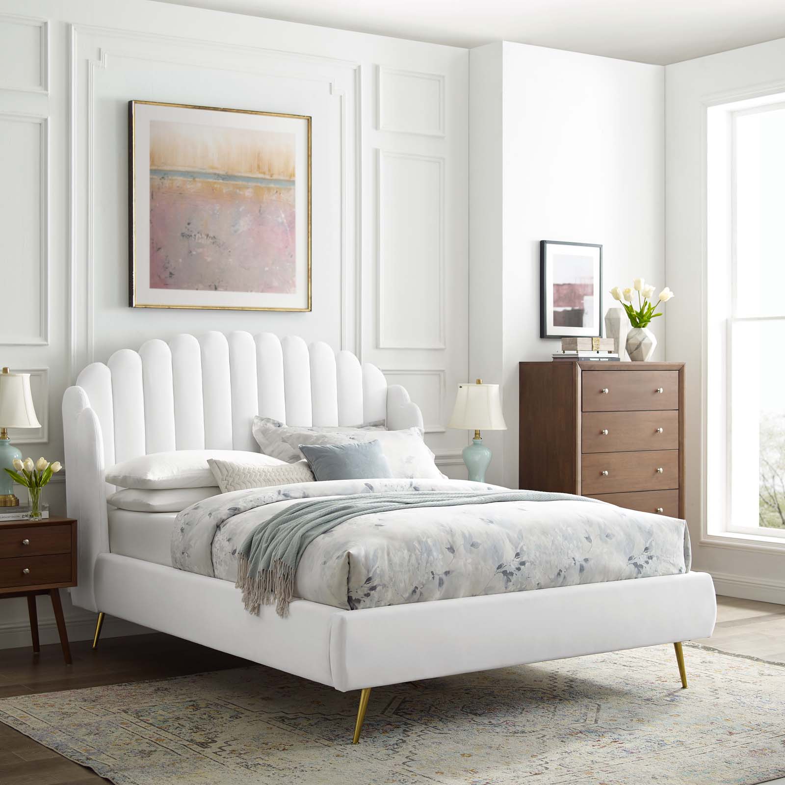 Platform Bed Frame, Queen Size, Velvet, White, Modern Contemporary Urban Design, Bedroom Master Guest Suite