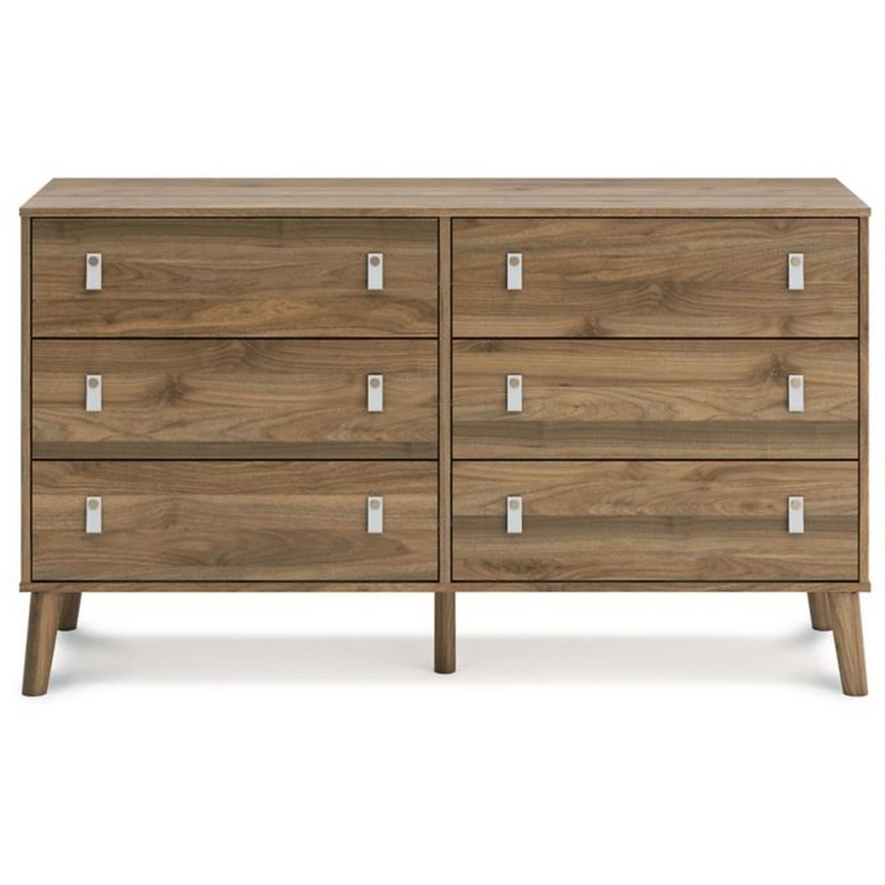 Nina 59 Inch 6 Drawers Wide Dresser Gray Faux Leather Handles Honey Brown- Saltoro Sherpi