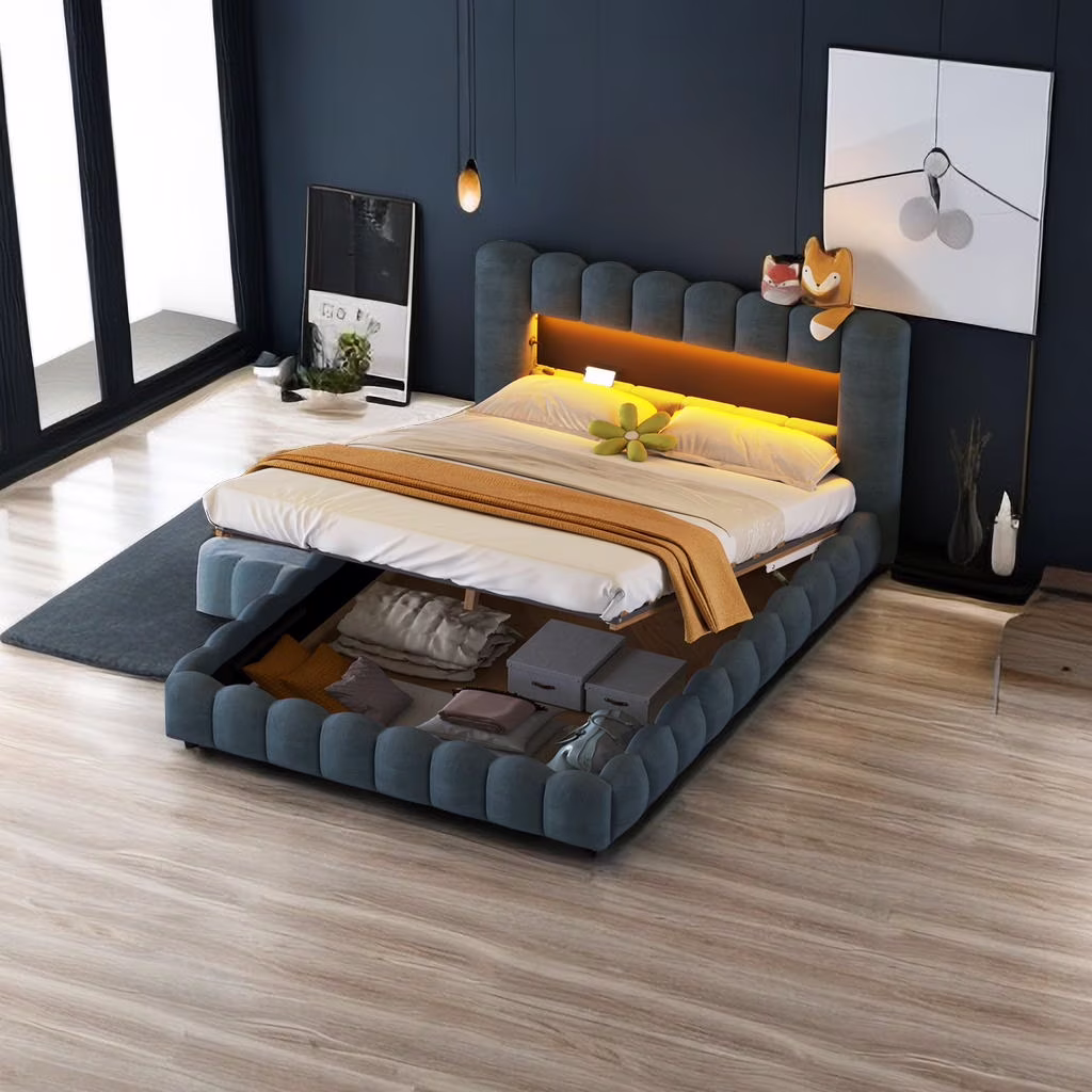 Queen Size Upholstered Platform Bed with LED Headboard and USB