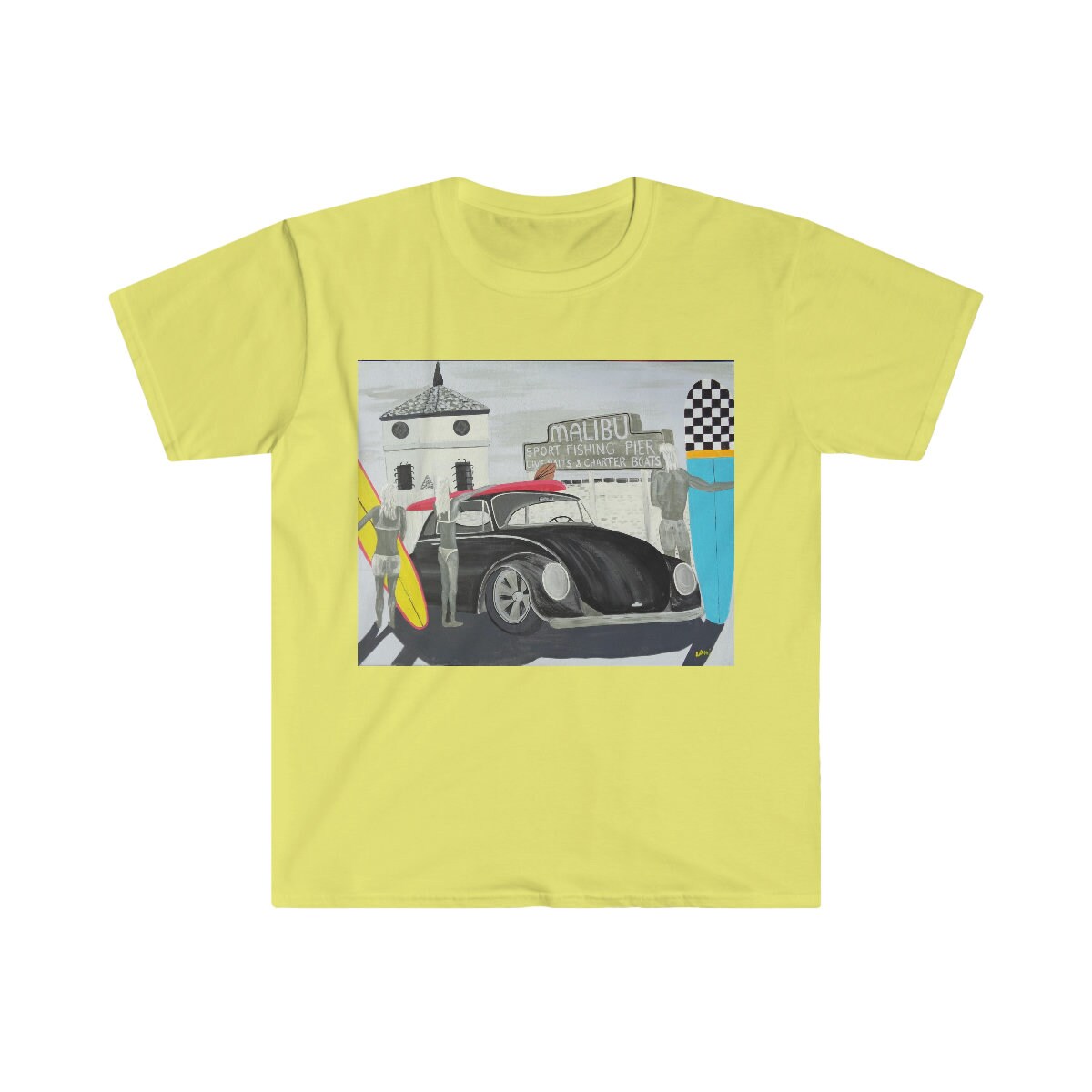 VW Bug at malibu pier Unisex Softstyle T-Shirt