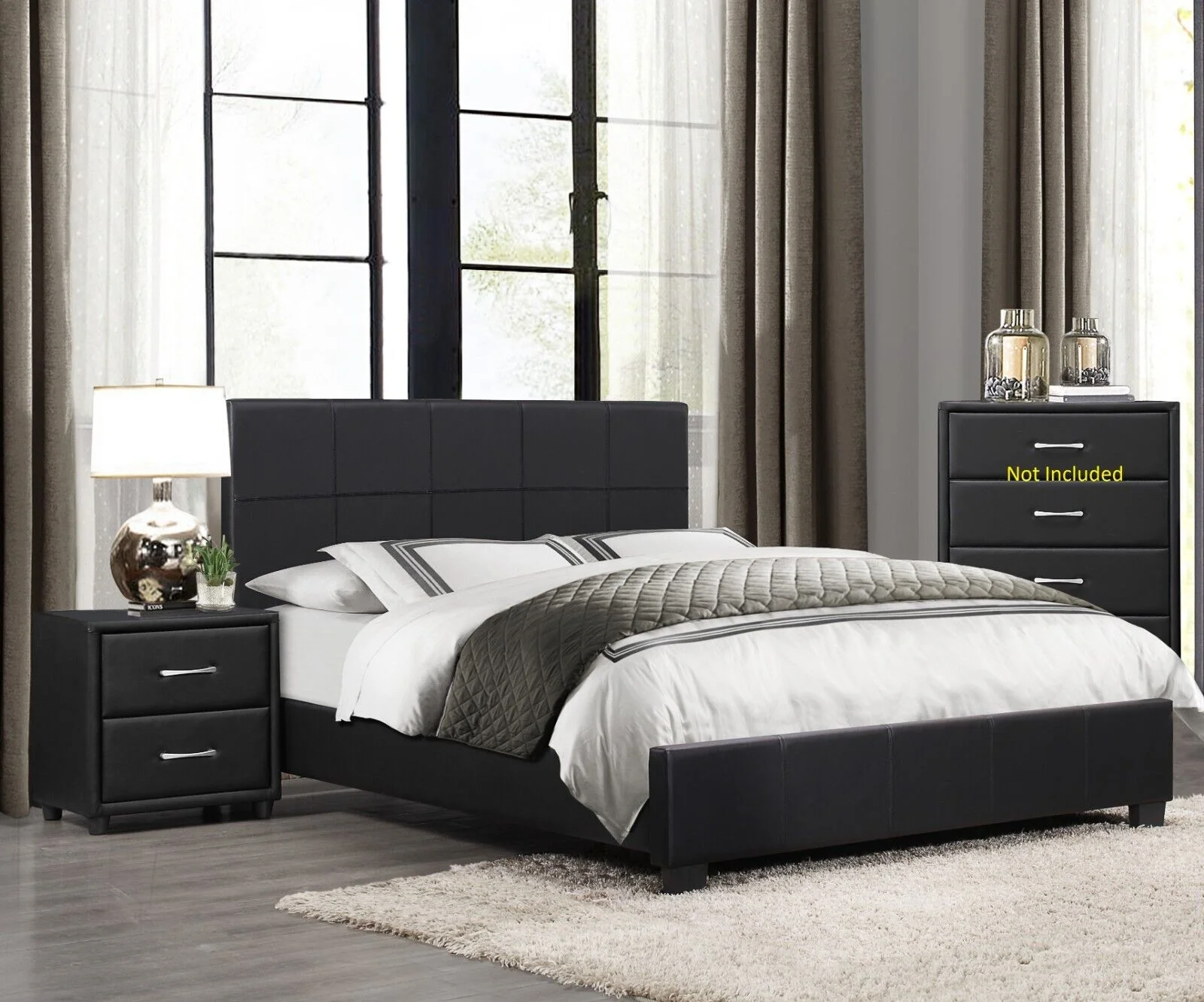 Contemporary Black Faux Leather Bedroom 3pc Set Queen Size Bed 2x Nightstands Stylish Bedroom Furniture