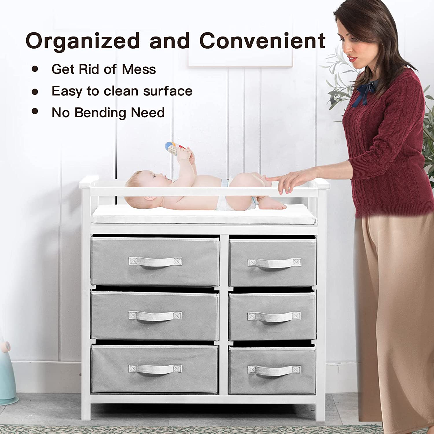 Baby Changing Table Dresser, Wanan Baby Dresser with Changing Table, Baby Changing Station with 6 Storage Baskets, Nursery Dresser Changing Table with Changing Table Topper, Diaper Changing Station