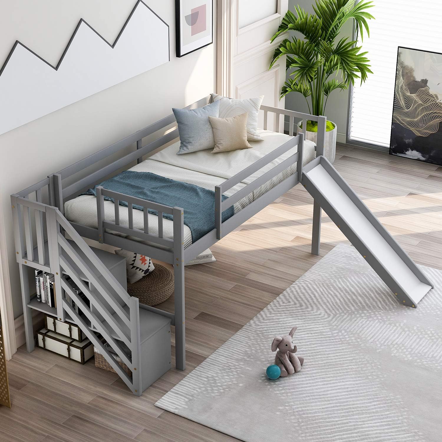Low Lof Bed, Low Lof Bed Wih Slide, Low Lof Bed Wih Sorage Shelves, Wood Low Lof Bed Frame Wih Saircase And Guardrail For Kids Boys Girls, No Box Spring Needed, Grey