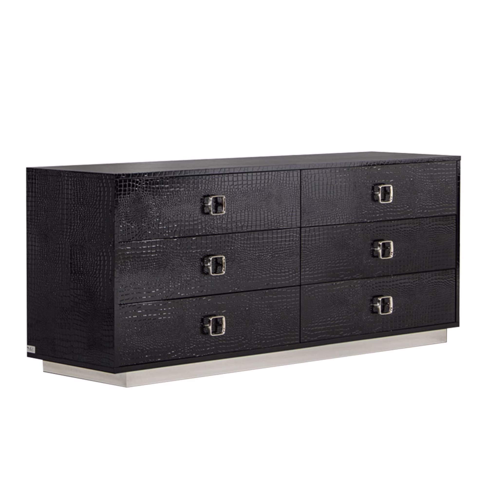 Benjara Hart 63 Inch Dresser, 6 Drawers, Crocodile Skin Texture, Lacquer, Black