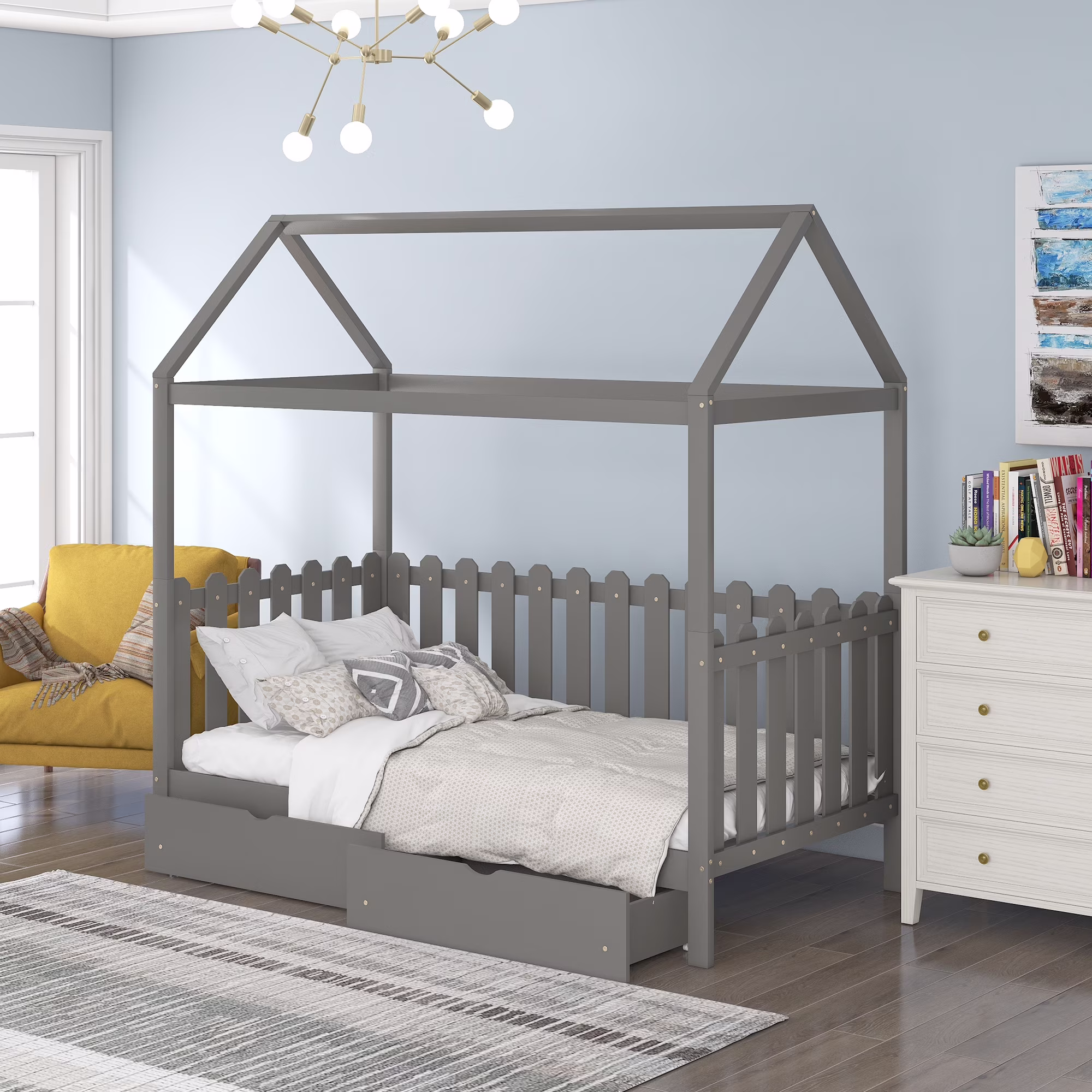 Euroco Pine Twin Wood House-Shaped Bed with Drawers for Kids, Gray