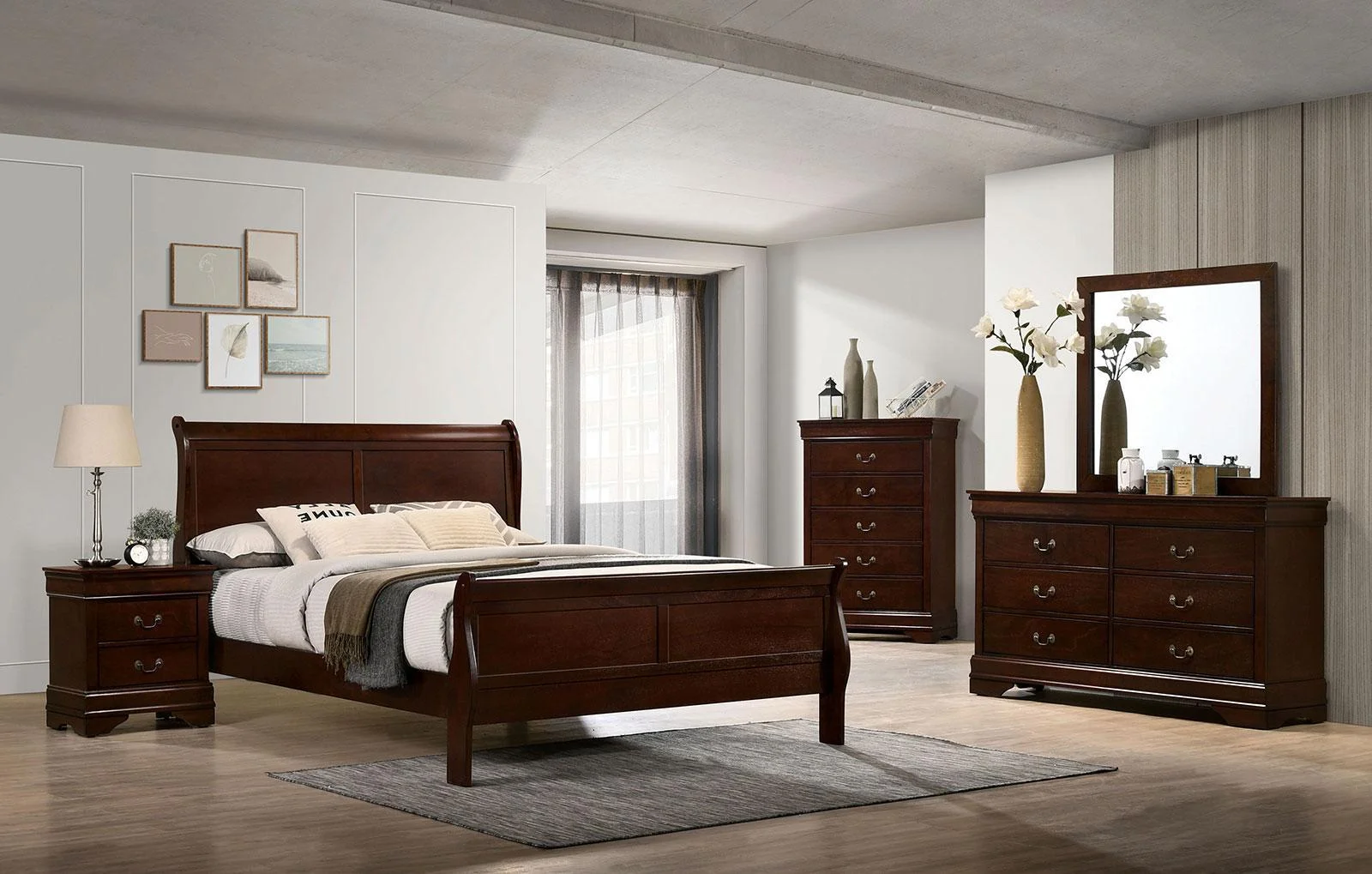 Transitional Cherry Solid Wood King Bedroom Set 6pcs FOA CM7966CH Louis Philippe