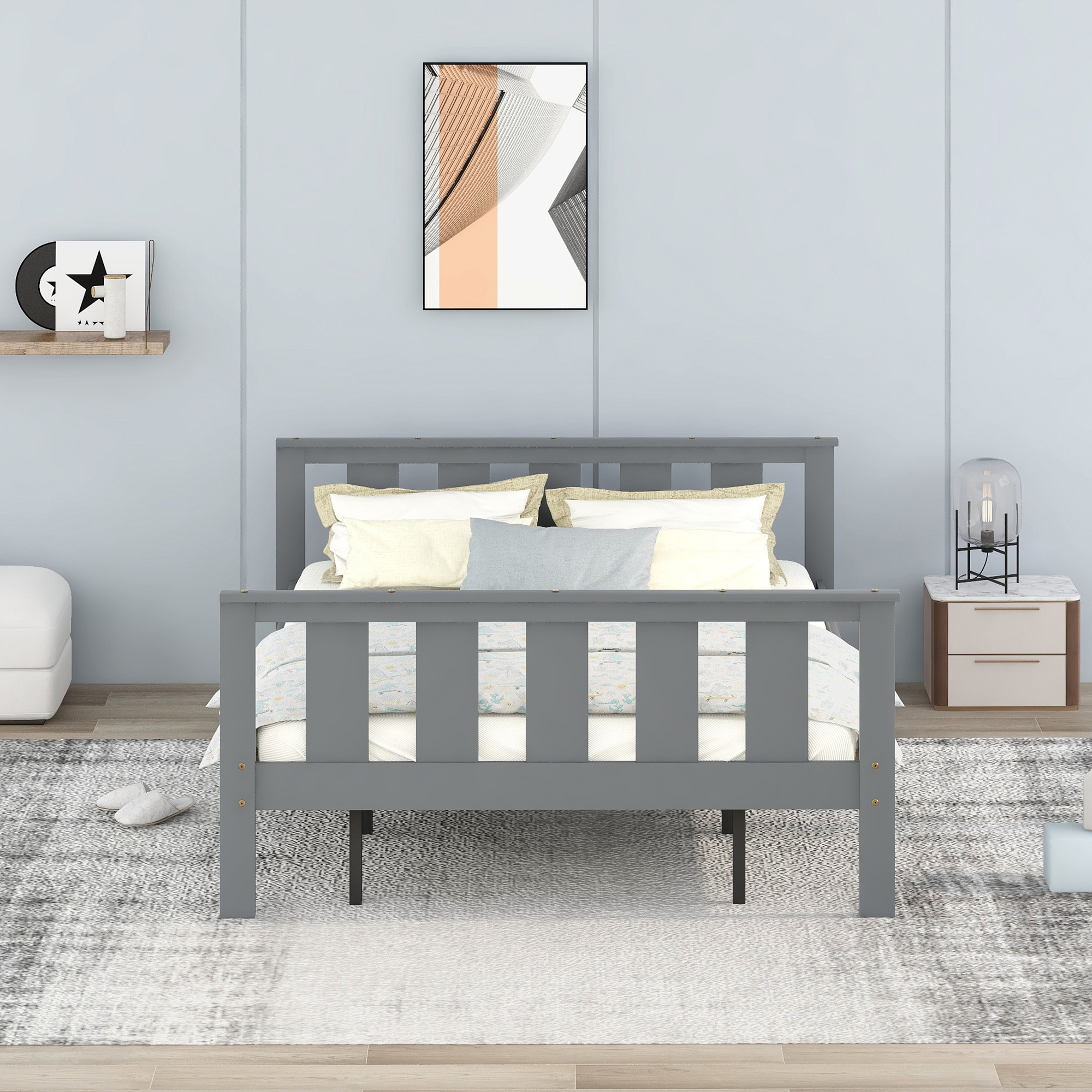 Wood Platform Bed Queen Size Bed Frame with Headboard and Footboard, Grey