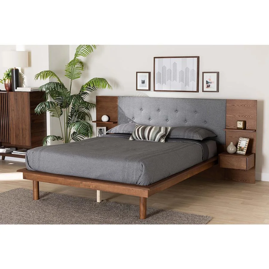 Baxton Studio Eliana Fabric & Wood King Bed with Nightstand in Gray/Walnut