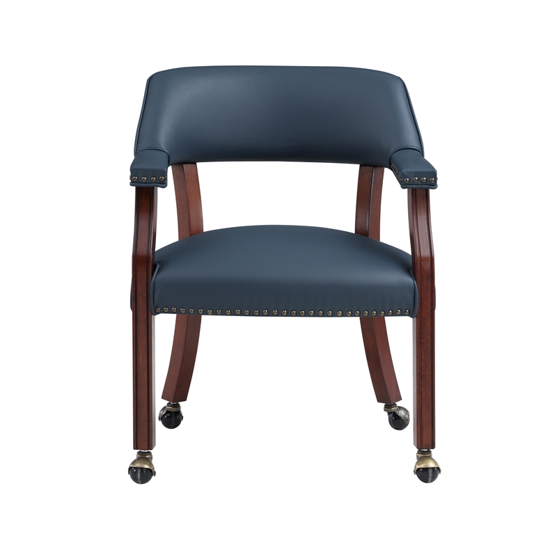 Home Square Faux Leather Caster Game Chair in Navy Blue Finish - Set of 4