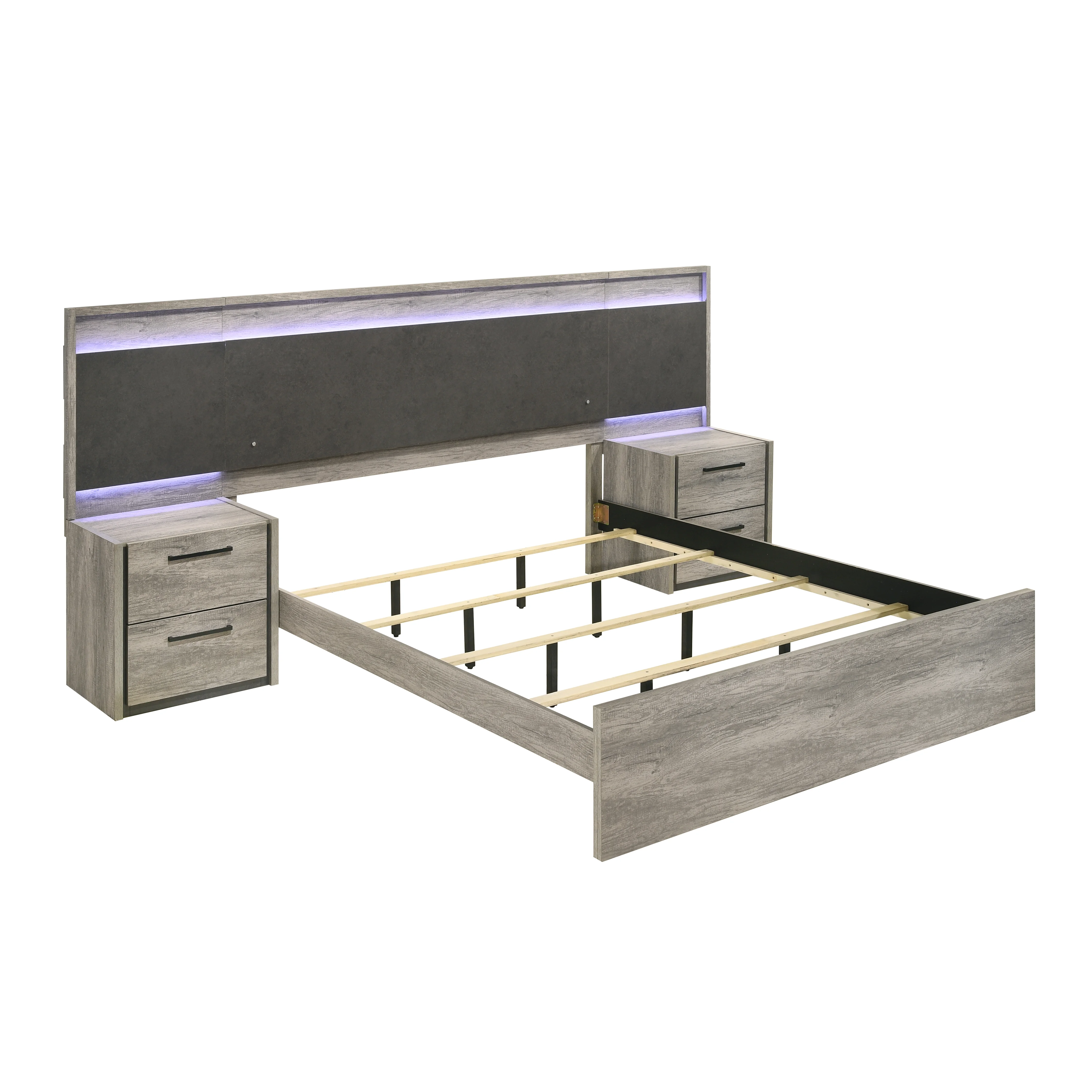 Roundhill Furniture Lenca King LED Wallbed with Nightstands - Weathered Gray