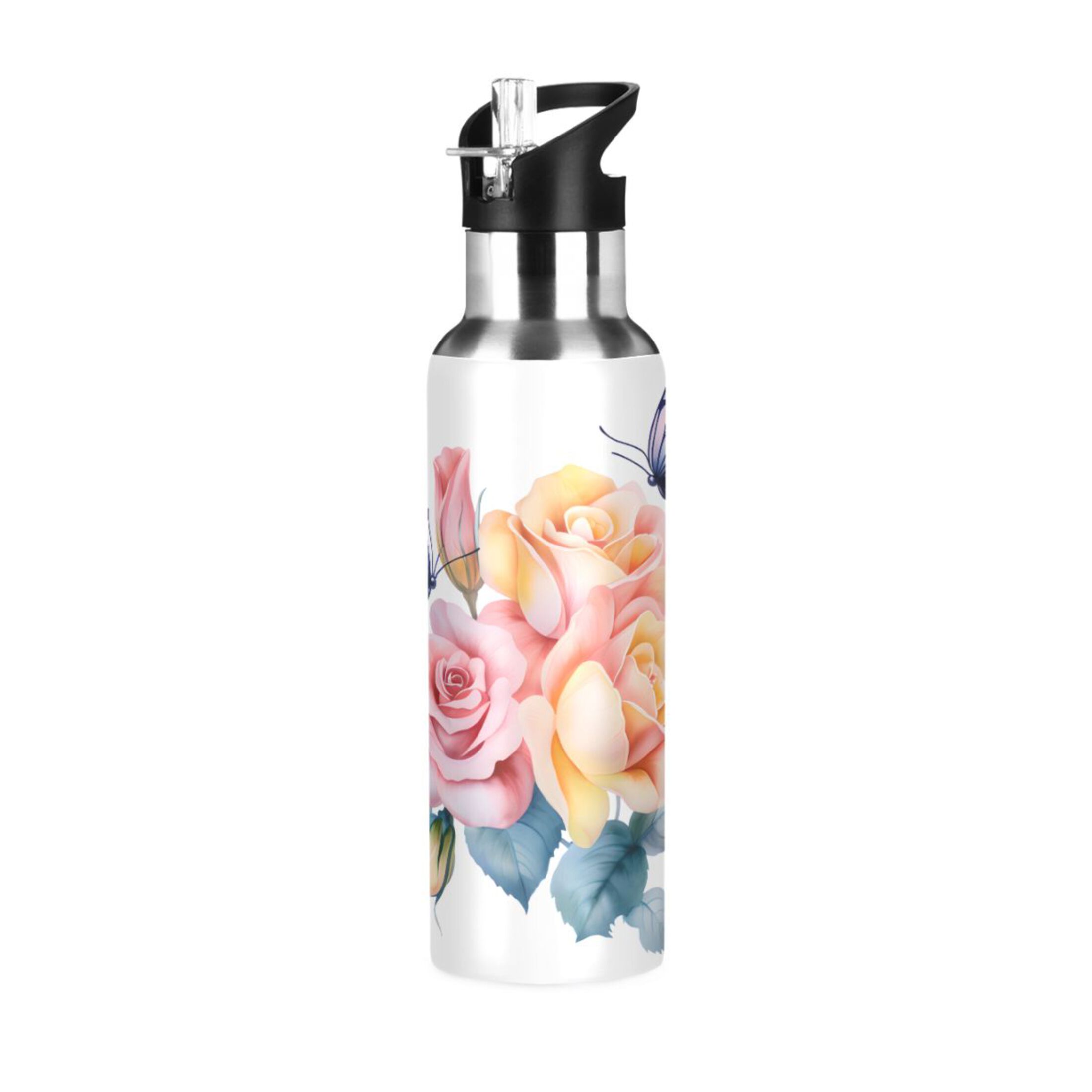 Water Bottle with Straw Lid Leak Butterflies and Rose Flowers Stainless Steel Insulated Thermos Vacuum Flask for Cold Hot Drinking for Sports Camping Gym Yoga