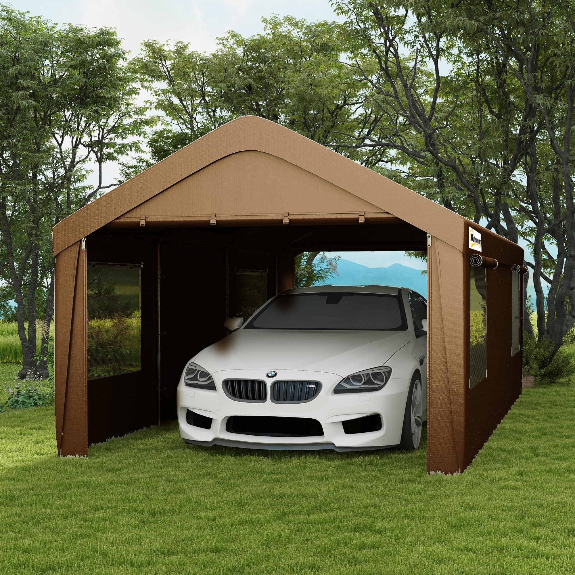 Outsunny 10' x 20' Carport Canopy, Heavy Duty w/ 4 Windows, 2 Doors, Tan