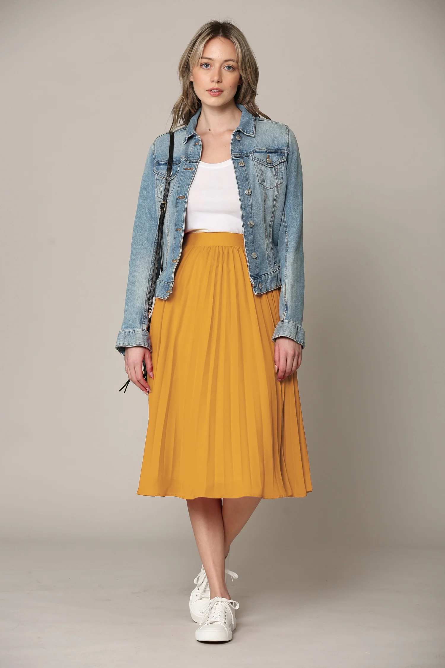 Made by Johnny Women's High Elastic Waist Pleated Mid A-Line Swing Skirt M MUSTARD