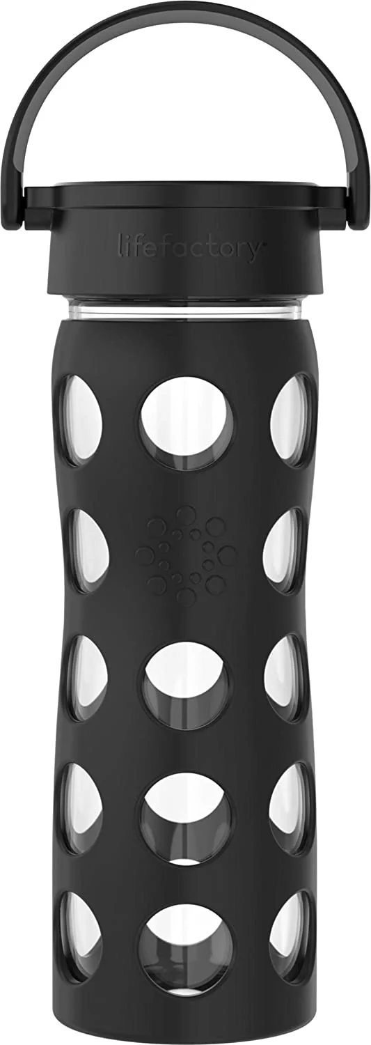 Lifefactory 16-Ounce BPA-Free Glass Water Bottle with Classic Cap and Protective Silicone Sleeve, Onyx