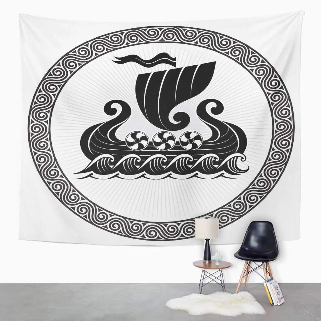 UFAEZU Pattern Viking Drakkar Ship Sailing Stormy Sea Black Adventure Wall Art Hanging Tapestry Home Decor for Living Room Bedroom Dorm 51x60 inch