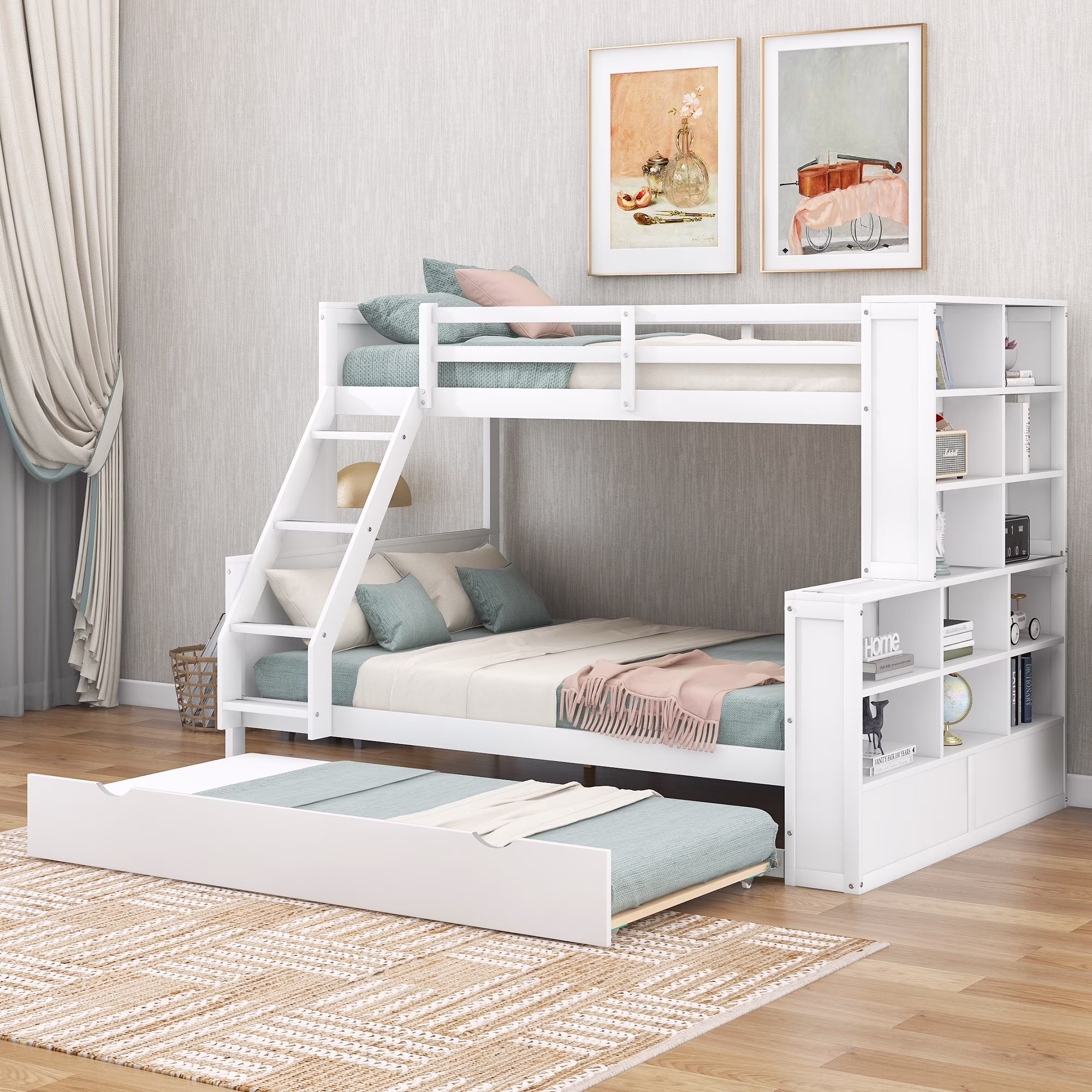 Leadzm Twin over Full Bunk Bed with Trundle and Shelves, can be Separated into Three Separate Platform Beds, White