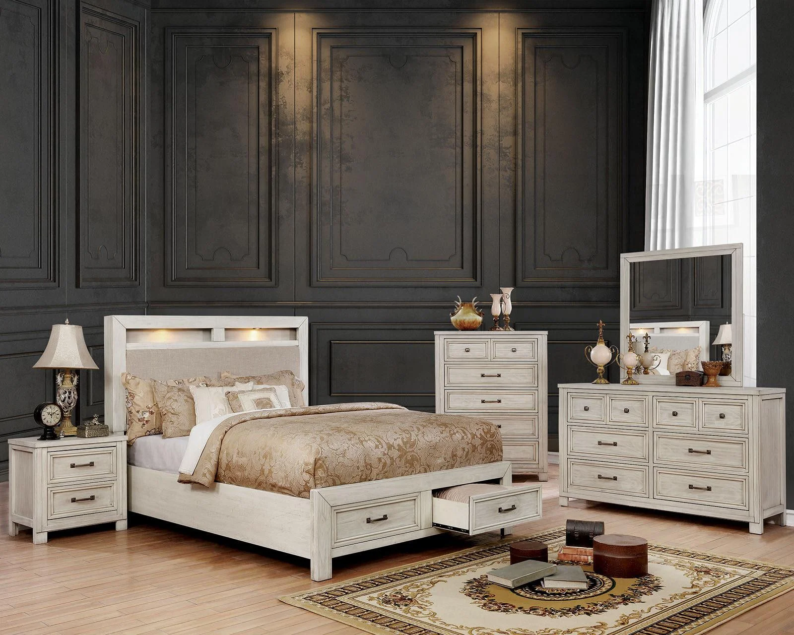 Transitional Antique White Solid Wood King Bedroom Set 6pcs FOA CM7365WH Tywyn