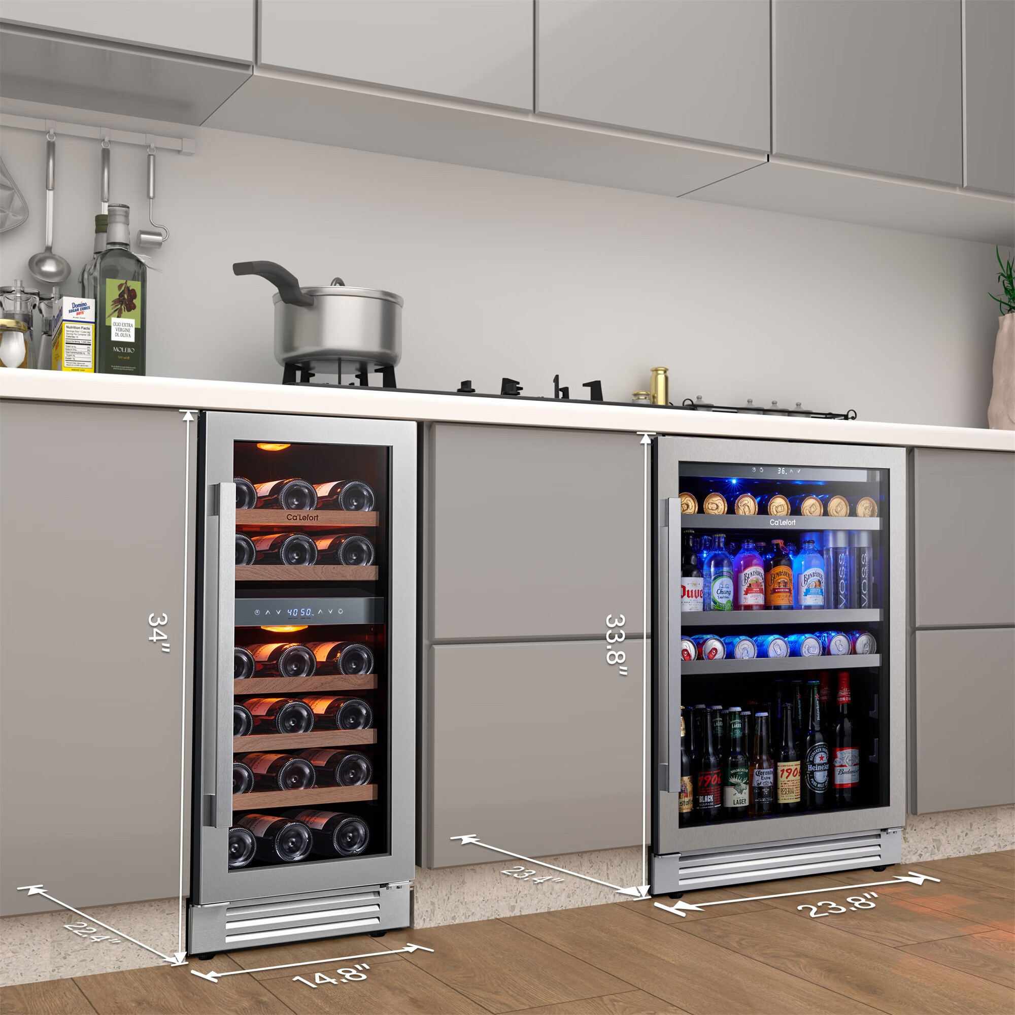 Ca'Lefort Wine Cooler Beverage Refrigerator, Hold 140 Cans and 28 Bottles Dual Zone Wine Fridge Freestanding & Built-in with Stainless Steel frame for Kitchen Office