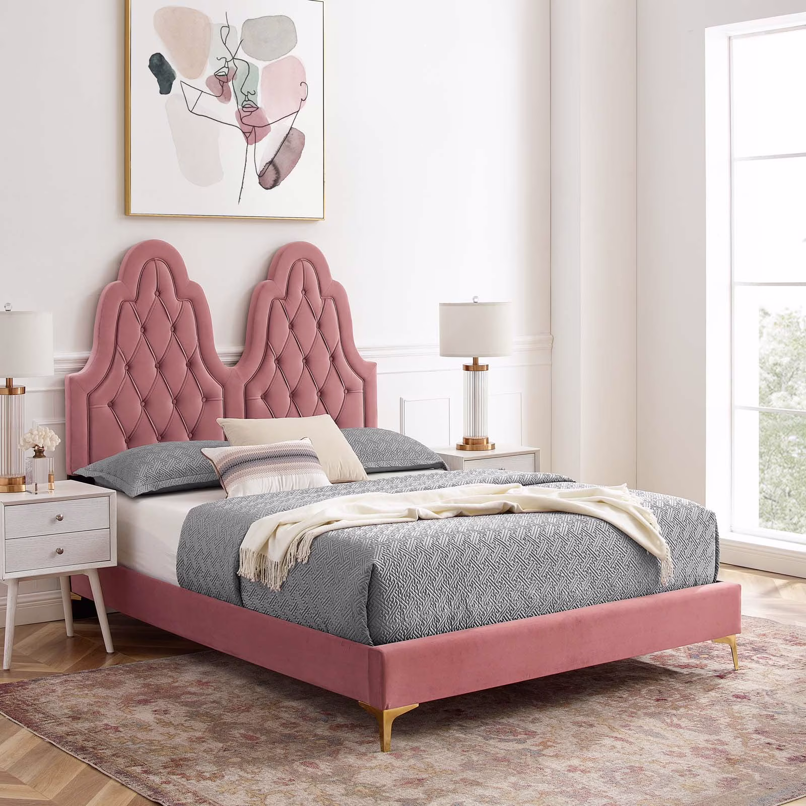 Modway Alexandria Tufted Performance Velvet King Platform Bed in Dusty Rose