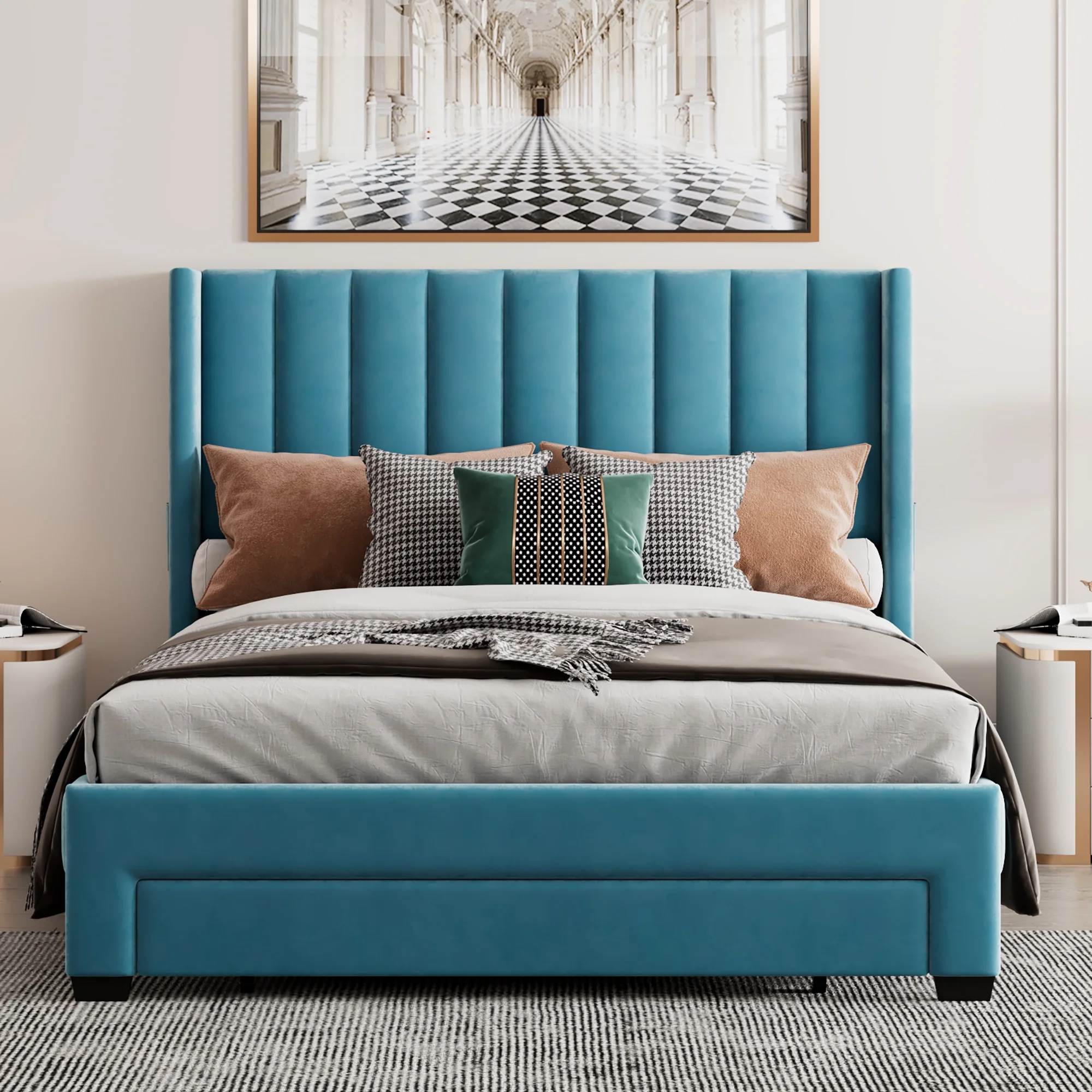 Royard Oaktree Queen Size Bed Frame with Storage Drawer and Side Pockets Velvet Upholstered Platform Bed with Headboard and Wood Slat Support, No Box Spring Needed, Blue