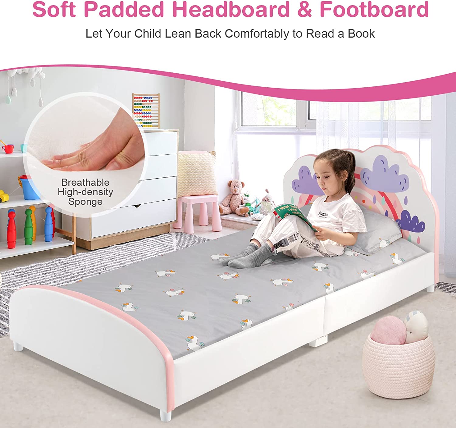 Twin Bed Frames for Kids, Wood Upholstered Twin Bed Platform with Slat Support, Padded Headboard&Footboard, No Box Spring Needed, Easy Assembly, Fits Standard Twin Mattress (Cloud)